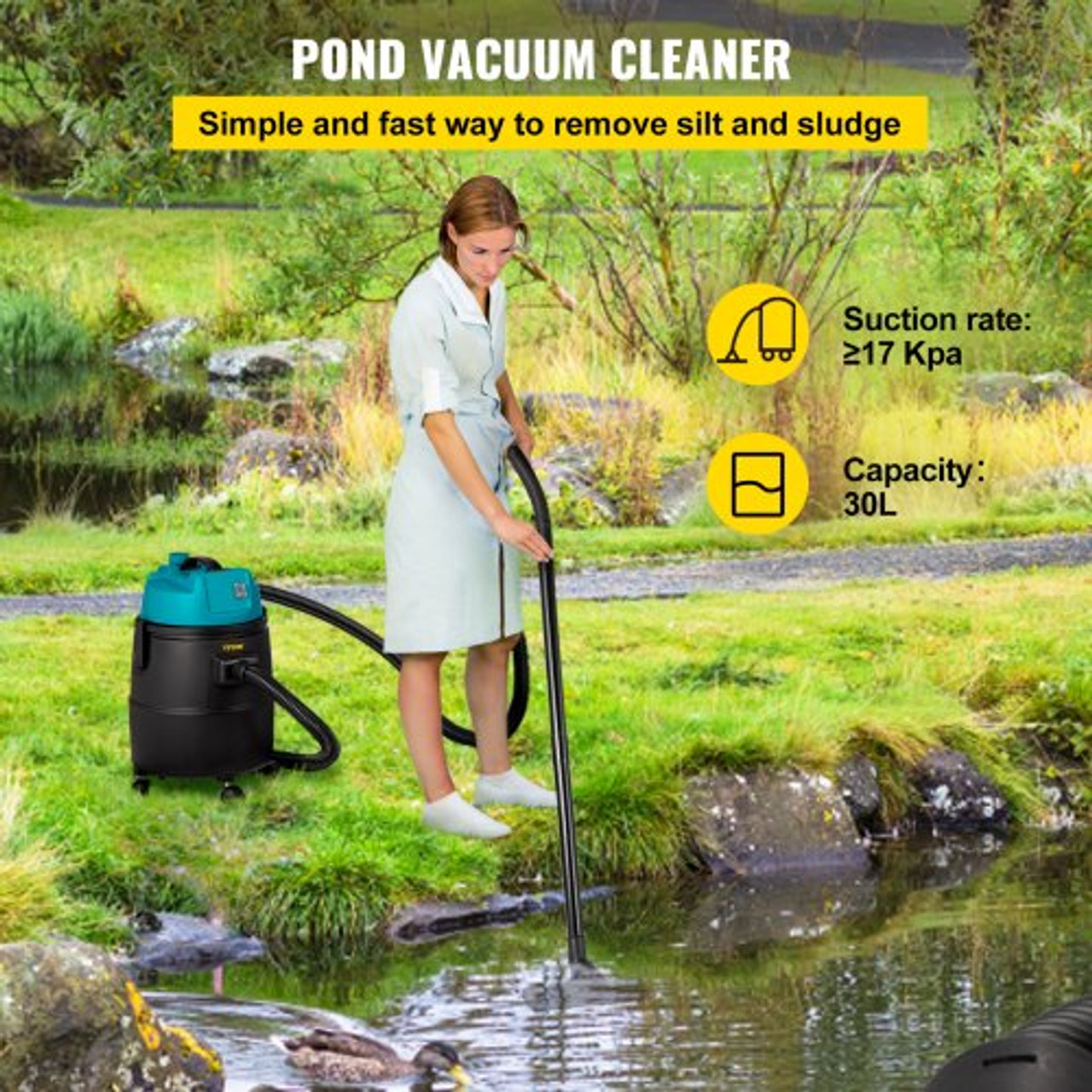 Pond Vacuum Cleaner, 1400W Motor in Single Chamber Suction System, 120V Motor w/15 ft Electric Wire, 4 Brush Heads, 4 Extended Tubes, 1 Filter Bag for Multi-use Cleaning Above Ground