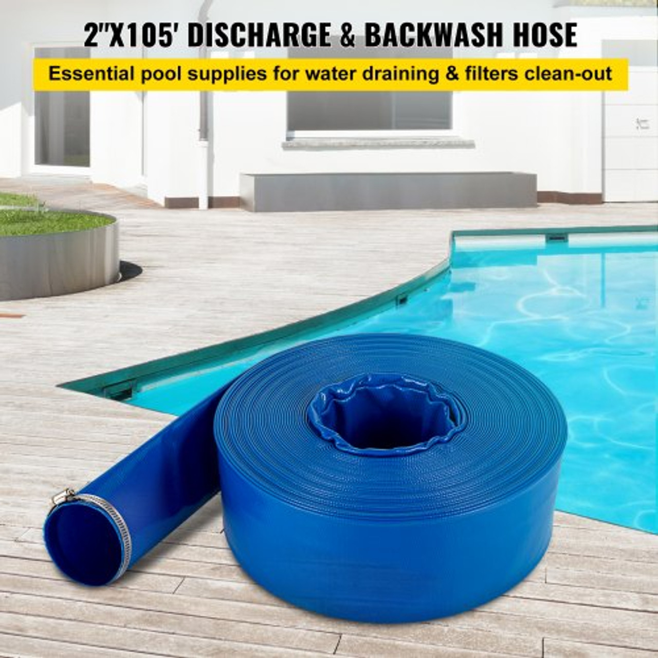 Discharge Hose, 2" x 105', PVC Fabric Lay Flat Hose, Heavy Duty Backwash Drain Hose with Clamps, Weather-proof & Burst-proof, Ideal for Swimming Pool & Water Transfer, Blue