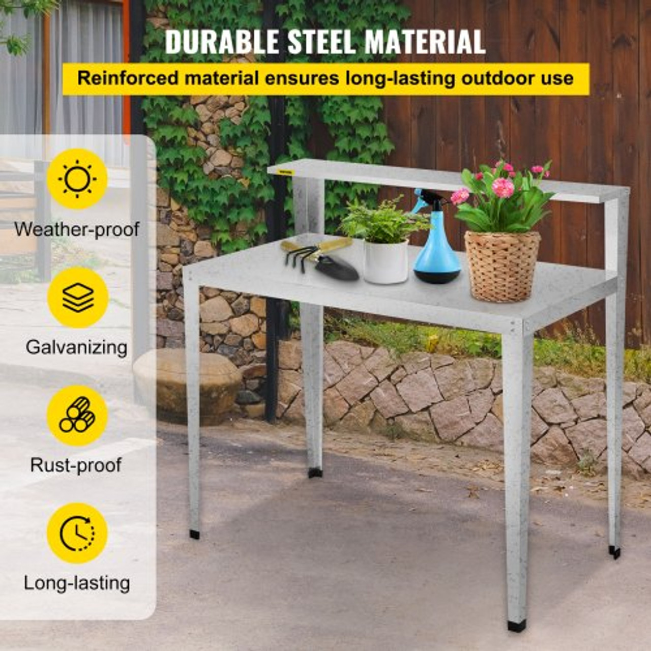 Potting Bench, 44L x 24W x 44H in, Weathering Steel Outdoor Workstation with Rubber Feet, Multi-use Double Layers Gardening Table for Greenhouse, Patio, Porch, Backyard, Silver