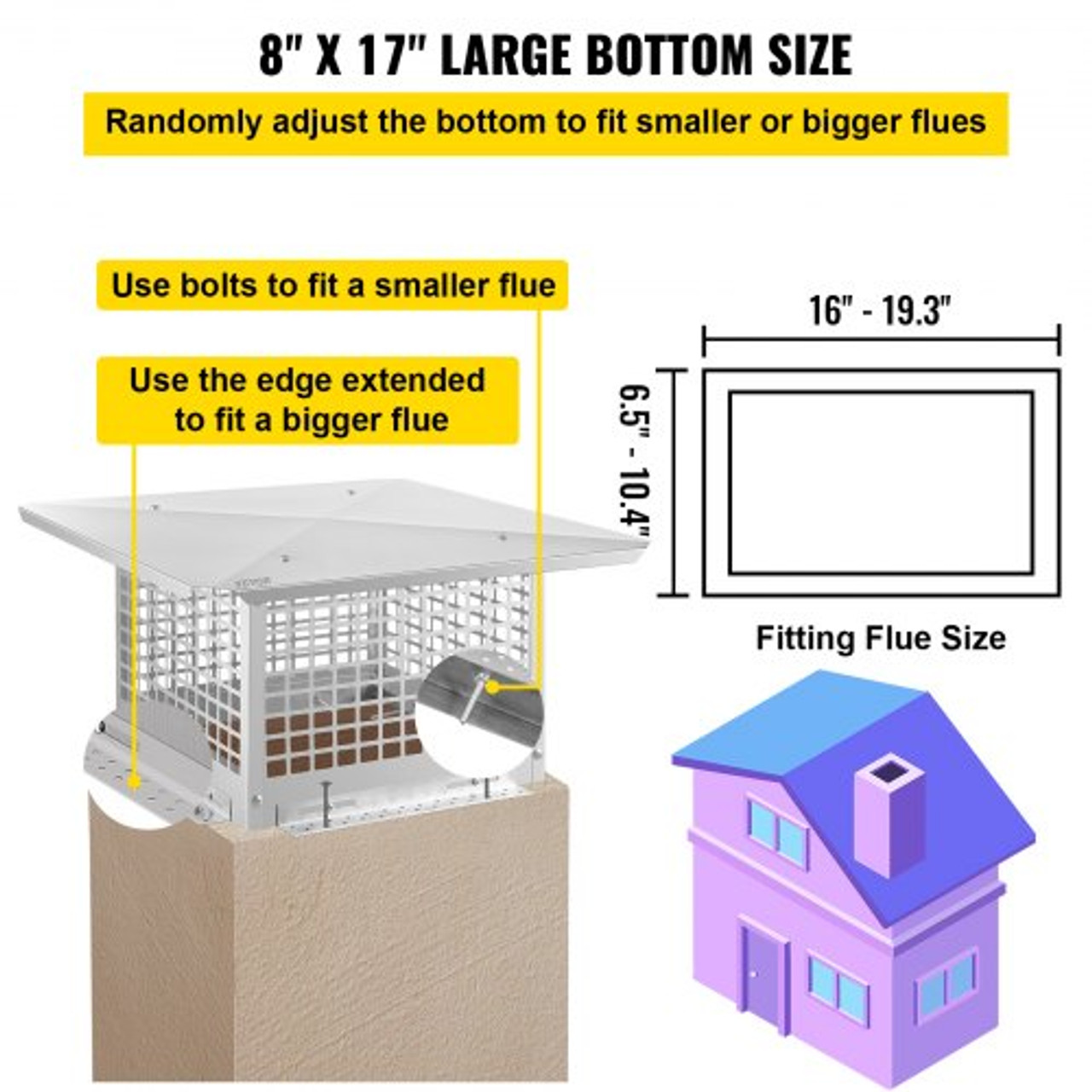 Chimney Cap, 8" x 17" Flue Caps, 304 Stainless Steel Fireplace Chimney Cover, Adjustable Metal Spark Arrestor with Bolts Screws, Mesh Chimney Flue Cover for Outside Existing Clay Flue Tile
