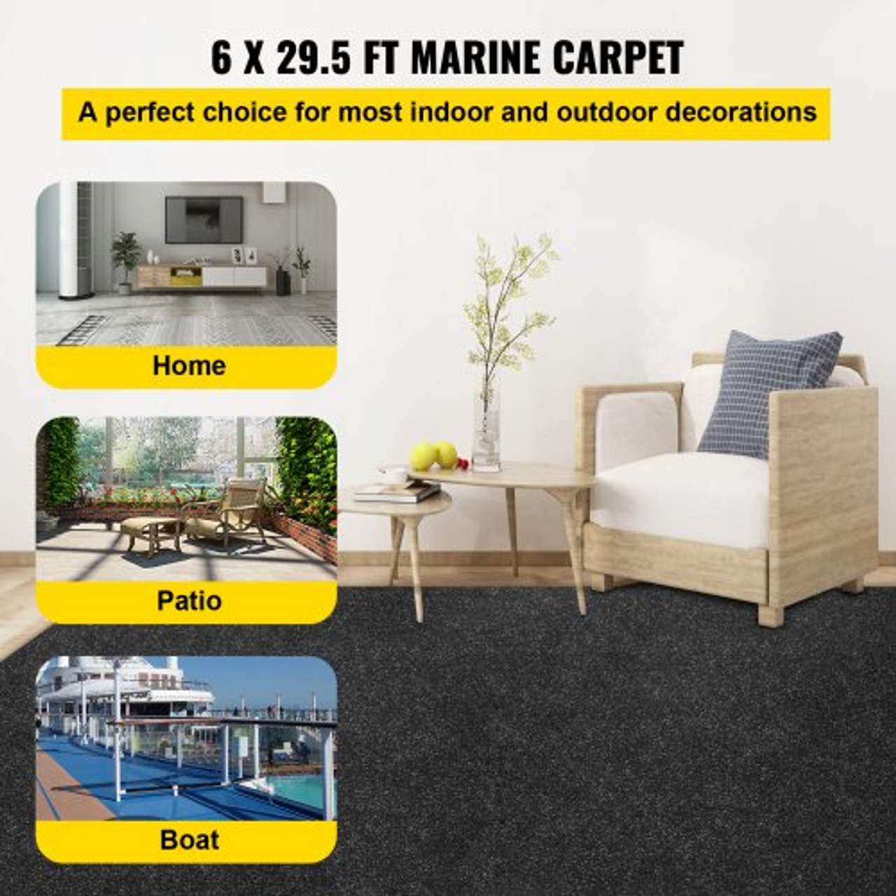 Boat Carpet, 6 ft x 29.5 ft Marine Carpet for Boats, Waterproof Black  Indoor Outdoor Carpet