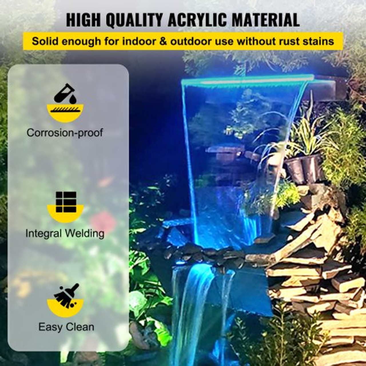 Fountain Spillway 35x3.2x8.1 Inch, Pool Waterfall Fountain 17 Colors Led, Pool Water Fall Kit with Remote, Pool Spillway Solid Acrylic Pool Waterfall for Garden Pond, Swimming Pool, Square