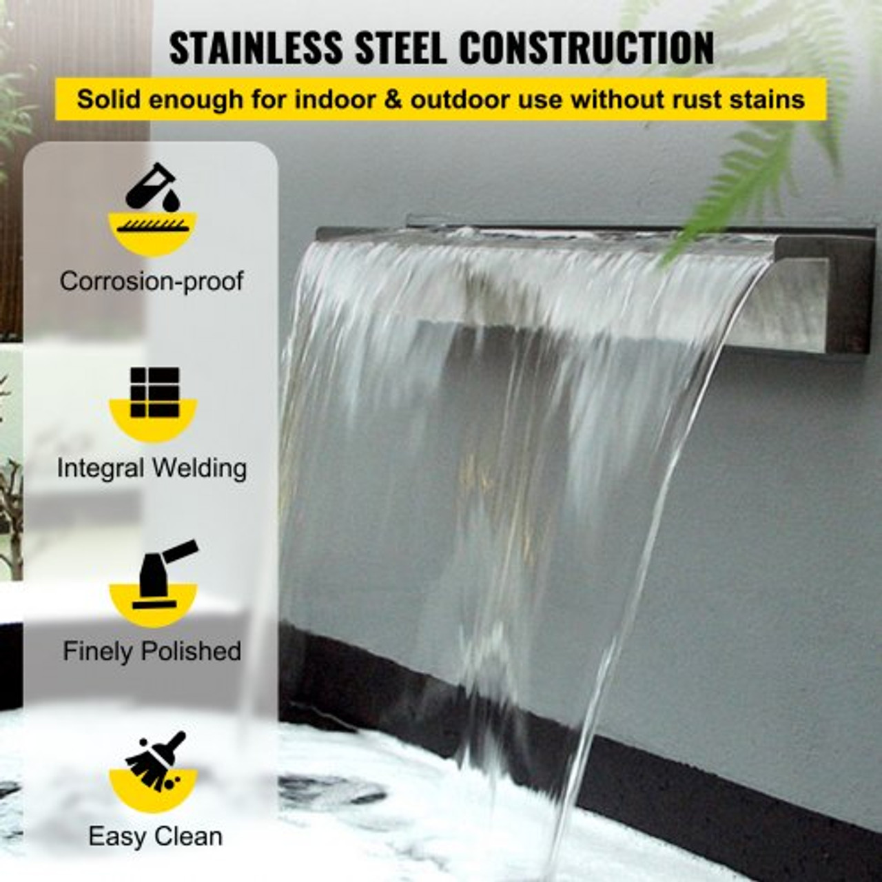 Pool Fountain Stainless Steel Pool Waterfall Spillway with Pipe Connector Rectangular Garden Outdoor (59.1")