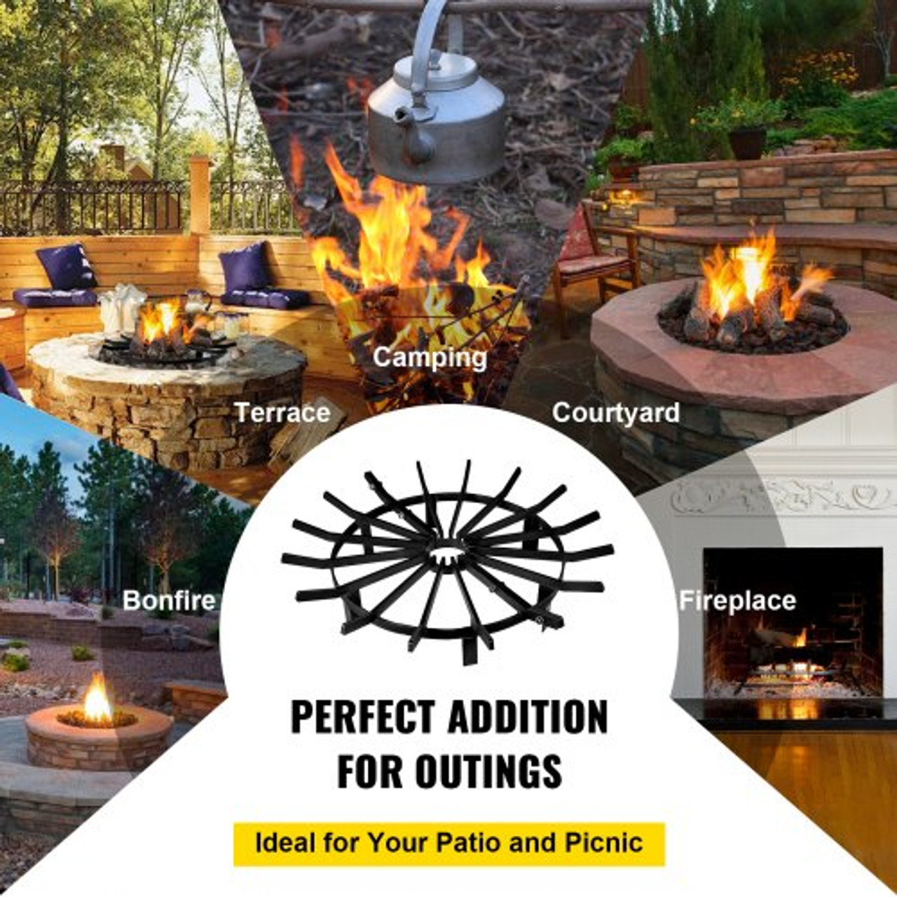 28in Fire Grate Log Grate ,Wagon Wheel Firewood Grates 16 Iron Bars, Fireplace Grates Burning Rack Holder 6 Legs for Indoor Chimney, Hearth Wood Stove and Outdoor Camping Fire Pit
