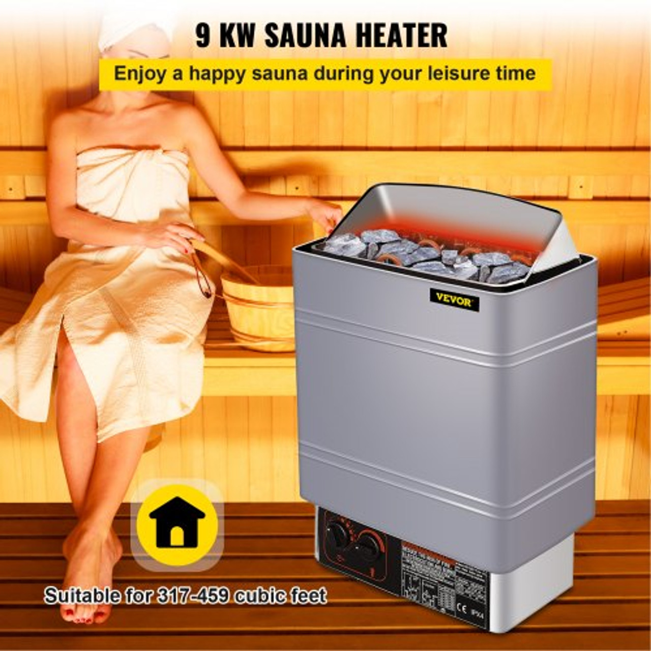 Sauna Heater 9KW Dry Steam Bath Sauna Heater Stove 220V-240V with Internal Controller Electric Sauna Stove for Max.459 Cubic Feet Home Hotel Sauna Room Spa Shower Bath Sauna