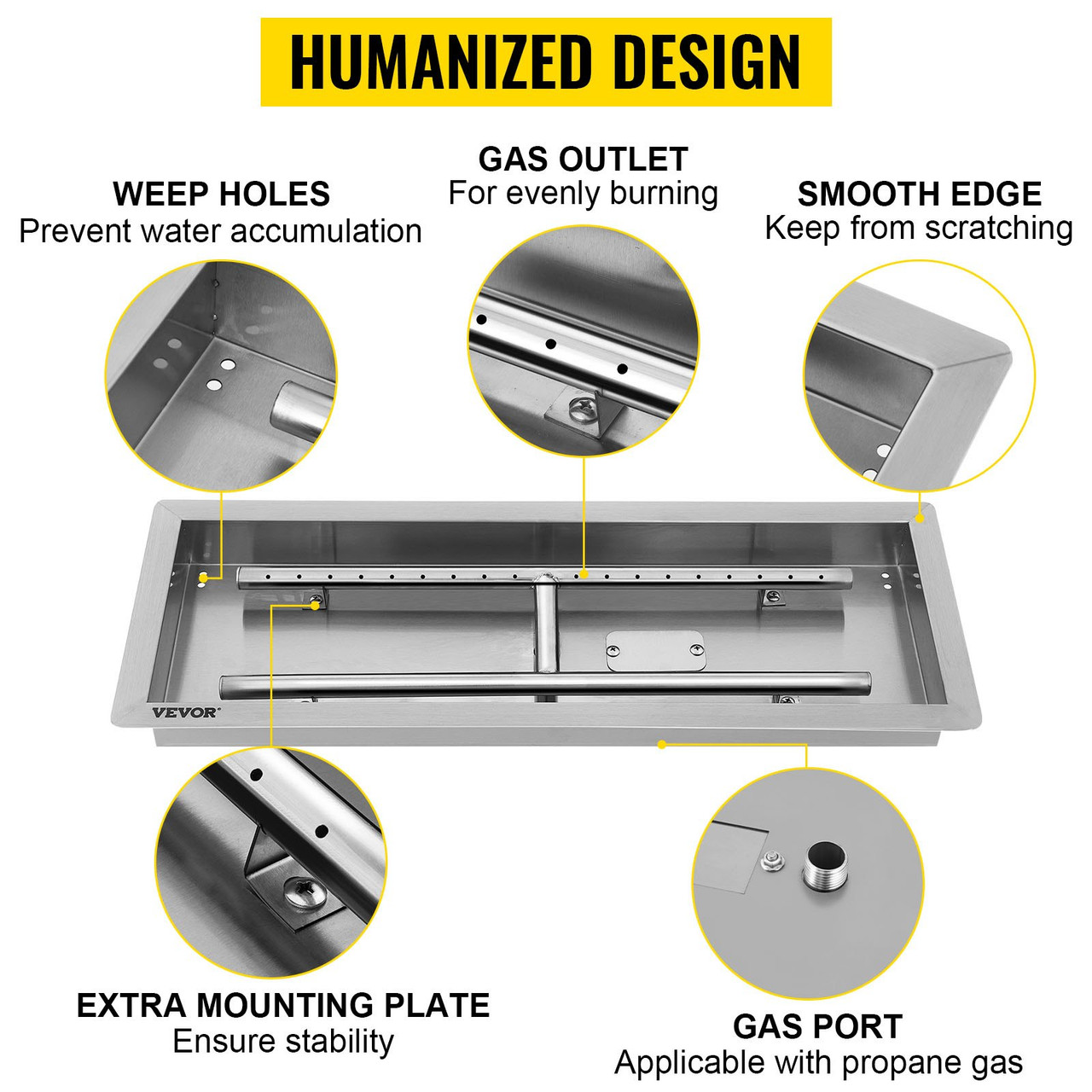 25.5x10 Inch Stainless Steel Rectangular Built-in Fire Pit Pan with H-Burner 90K BTU, Silver