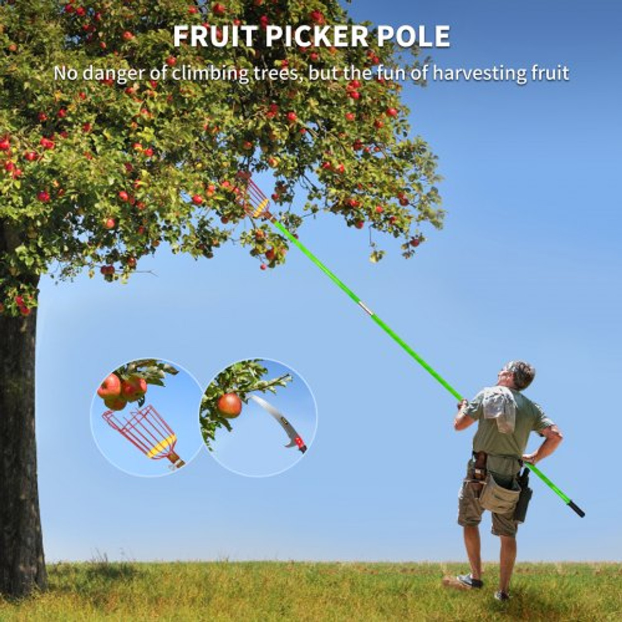 26 FT Pole Saw with Head Bracket, Height Adjustable Telescoping Fruit Picker Tool and Tree Pruner, Lightweight Apple, Mango, Orange Harvesting Catcher, Green