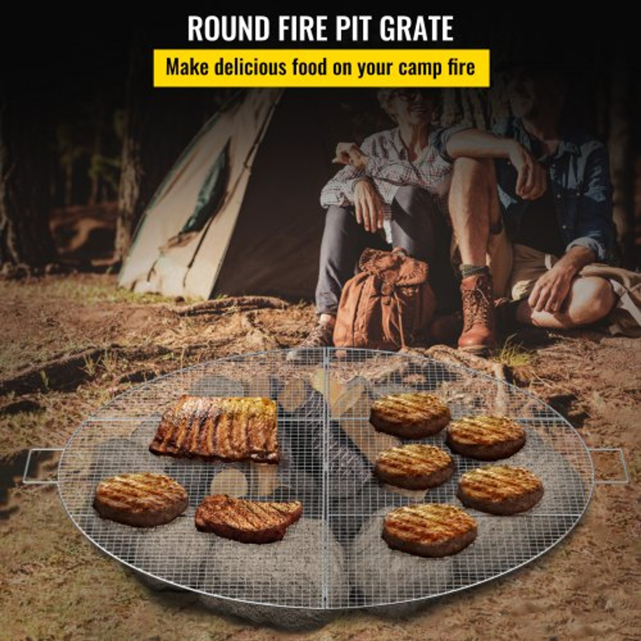 Fire Pit Cooking Grill Grate 36 Inch, Foldable Round Cooking Grate, Solid Stainless Steel Campfire BBQ Rack with Handle & Support Wire for Outdoor Picnic Party & Gathering, Silver