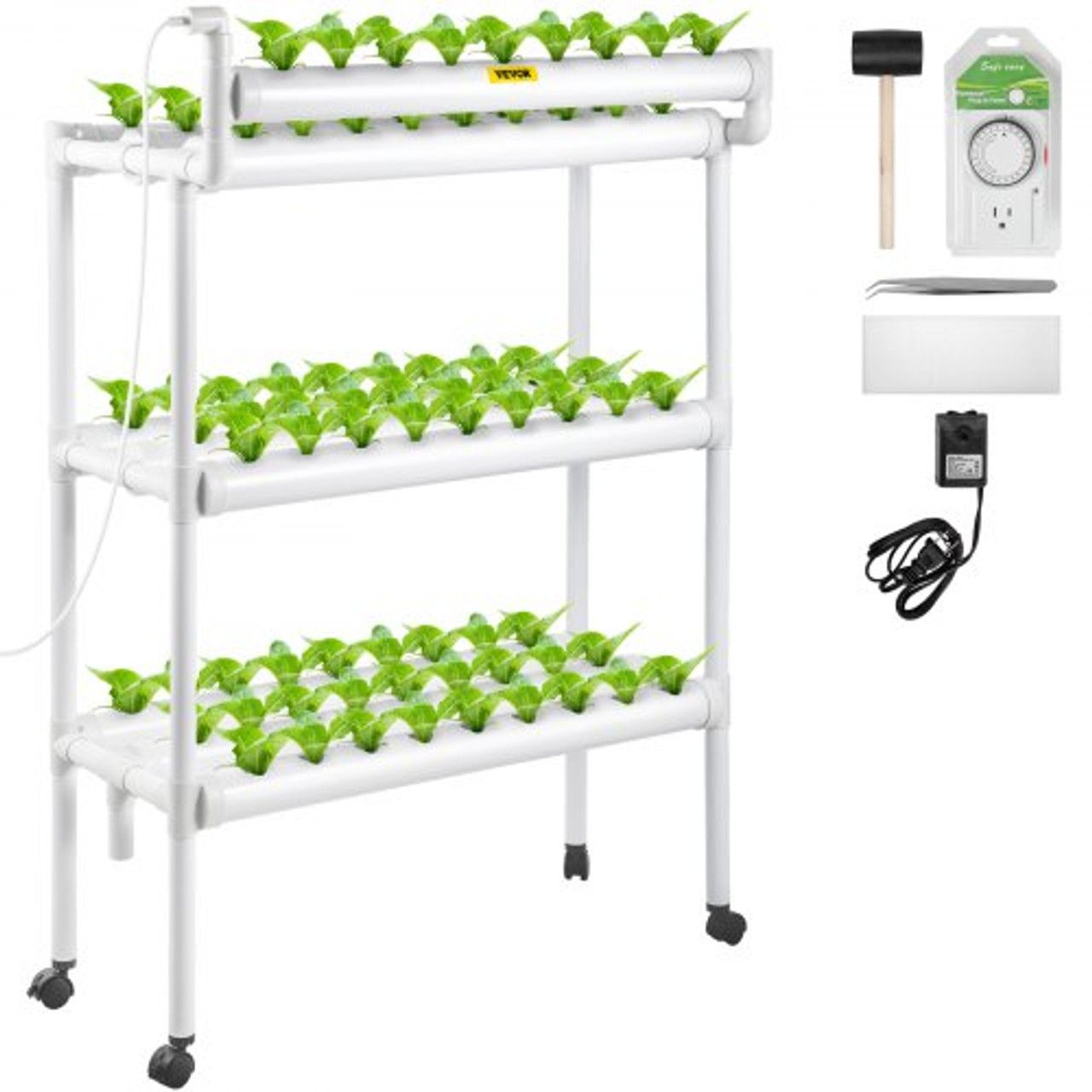 Hydroponics Growing System, 90 Sites 10 Food-Grade PVC-U Pipes, 3 Layers Indoor Planting Kit with Water Pump, Timer, Nest Basket, Sponge, for Fruits, Vegetables, Herbs, White