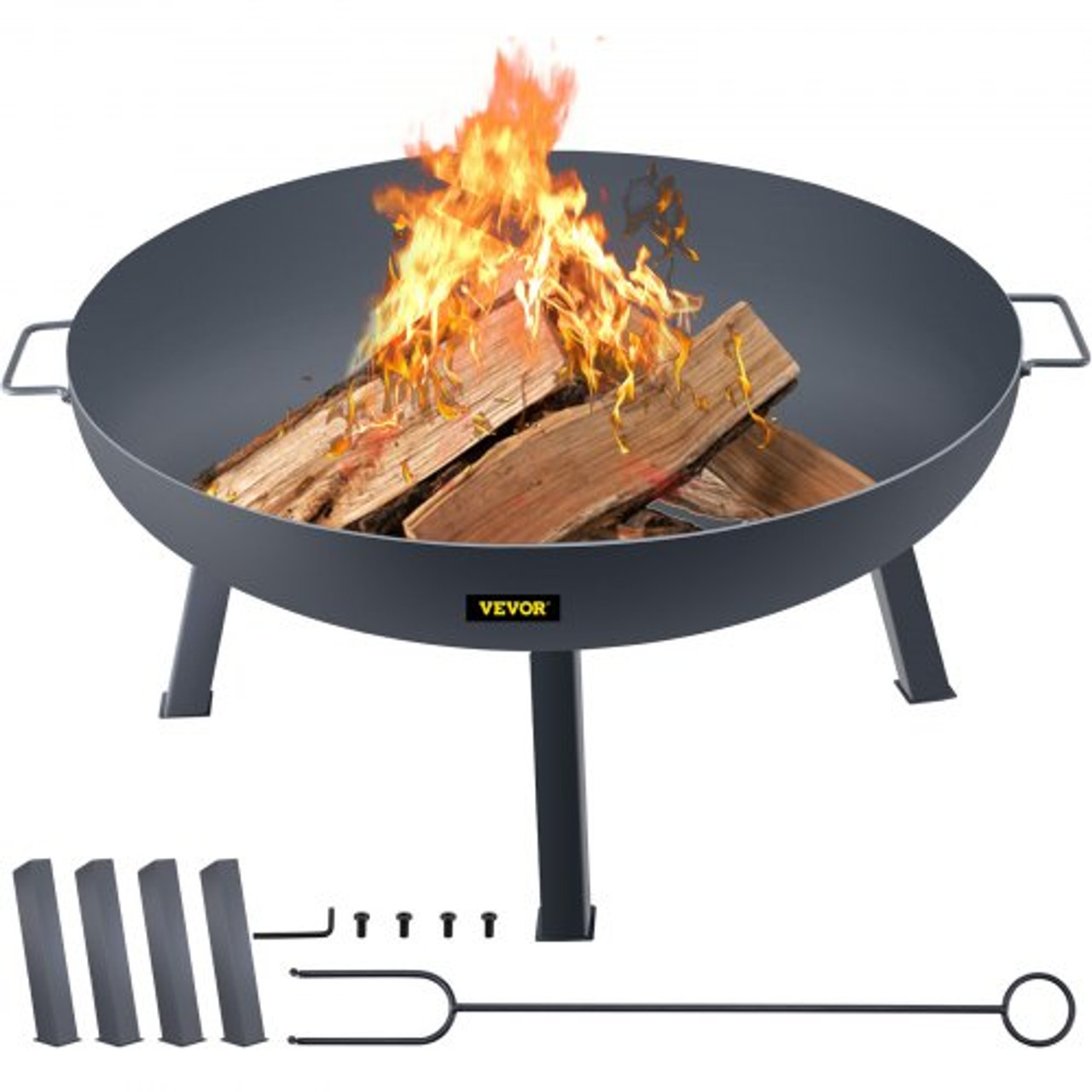 Fire Pit Bowl, 34-Inch Diameter Round Carbon Steel Fire Bowl, Wood Burning for Outdoor Patios, Backyards & Camping Uses, with A Drain Hole, Portable Handles and A Firewood Stick, Black