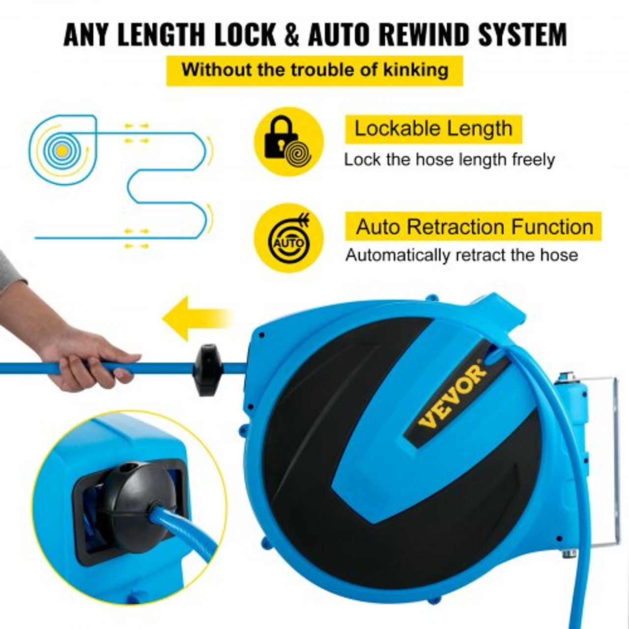 Retractable Hose Reel, 5/8 inch x 50 ft, Any Length Lock & Automatic Rewind Water Hose, Wall Mounted Garden Hose Reel w/ 180ø Swivel Bracket and 7 Pattern Hose Nozzle, Blue