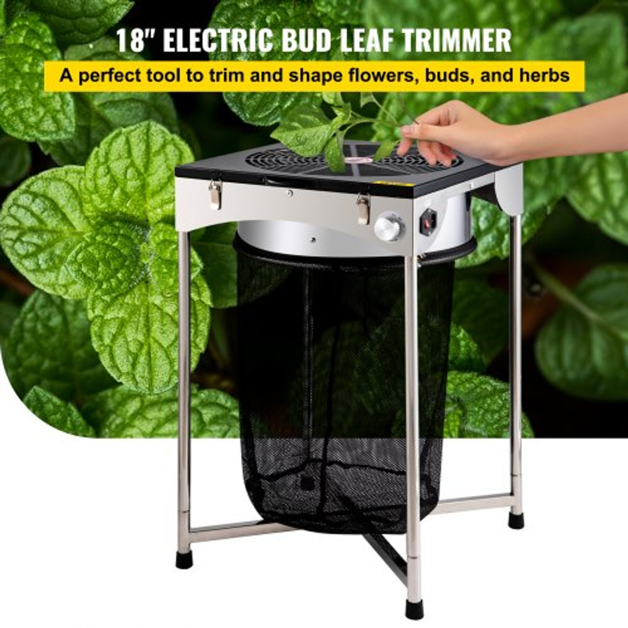 Bud Leaf Trimmer, 18 inch Adjustable 3 Speed 110 V, Electric Hydroponic Dry or Wet Trimming Machine w/Sharp Stainless Steel Blades & Hand Pruner, Twisted Spin Cut for Herbs, Leaves, Black