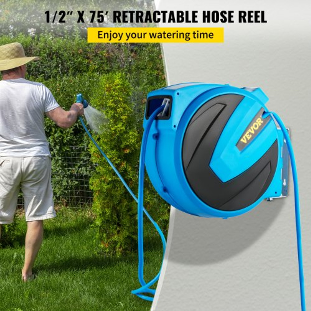 VEVOR Retractable Hose Reel, 1/2 inch x 75 ft, Any Length Lock & Automatic Rewind Water Hose, Wall Mounted Garden Hose Reel w/ 180° Swivel Bracket