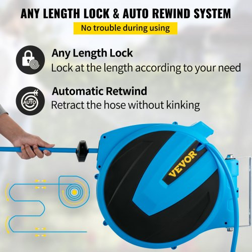 Retractable Hose Reel, 1/2 inch x 75 ft, Any Length Lock & Automatic Rewind Water Hose, Wall Mounted Garden Hose Reel w/ 180Ã¸ Swivel Bracket and 7 Pattern Hose Nozzle, Blue