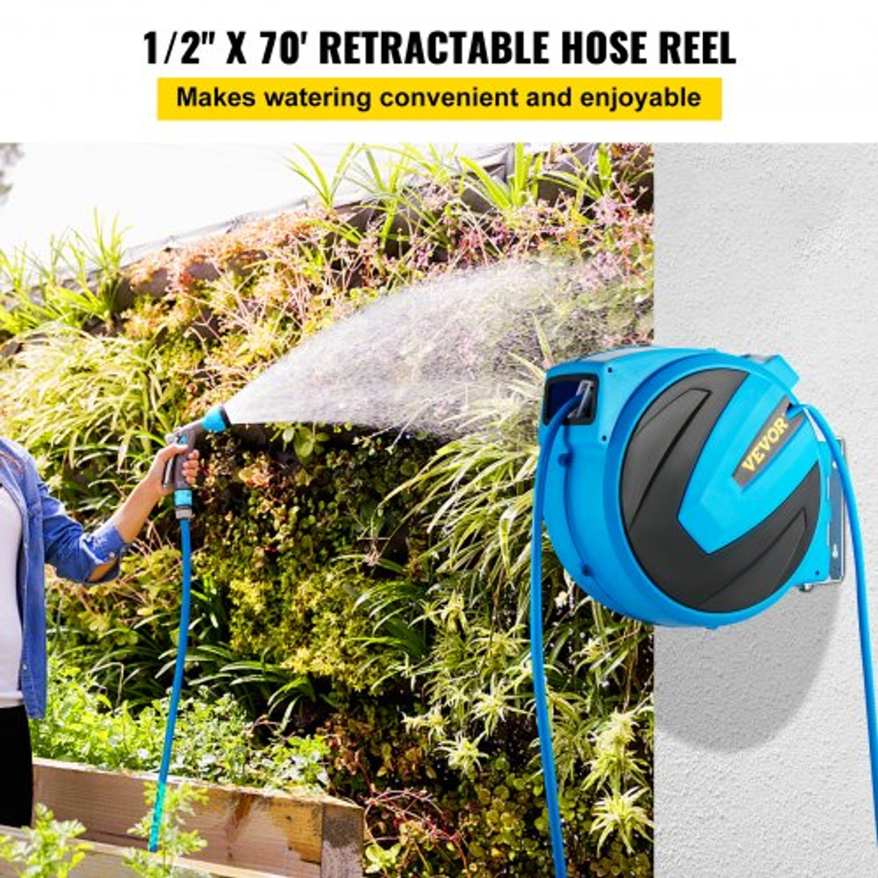 Retractable Hose Reel, 1/2 inch x 70 ft, Any Length Lock & Automatic Rewind Water Hose, Wall Mounted Garden Hose Reel w/ 180ø Swivel Bracket and 7 Pattern Hose Nozzle, Blue