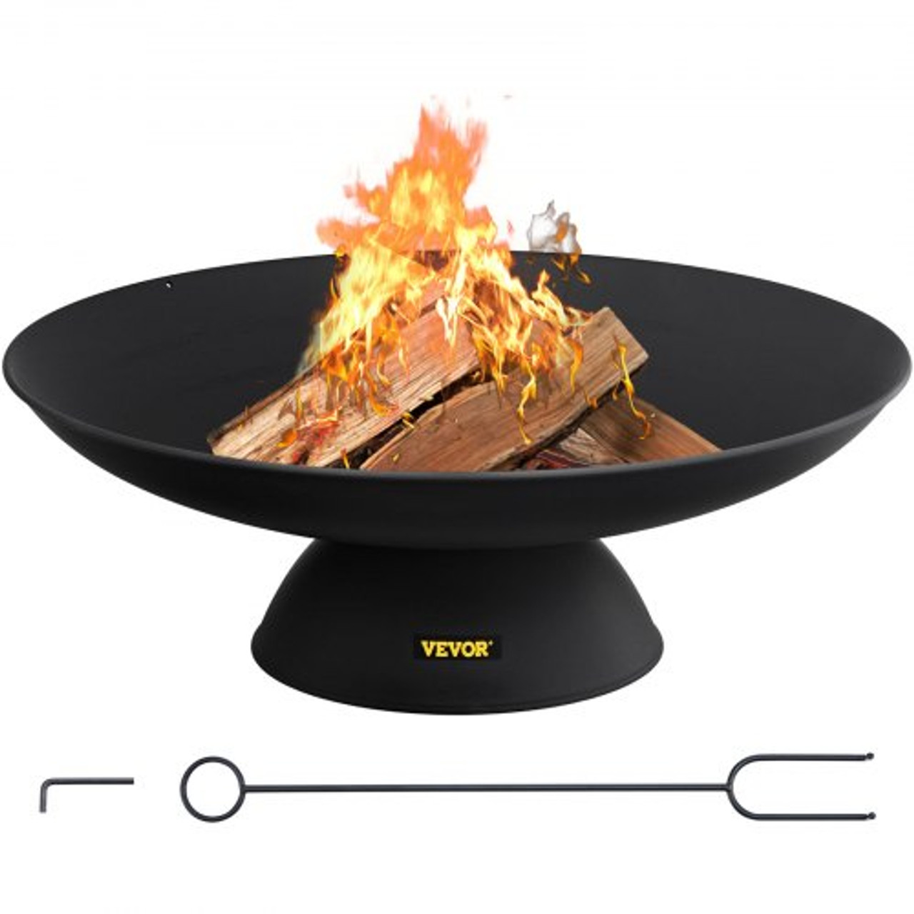 Fire Pit Bowl, 30-Inch Deep Round Cast Iron Fire Bowl, Wood Burning for Outdoor Patios, Backyards & Camping Uses, with A Stable Bowl Designed Base and A Firewood Stick, Black
