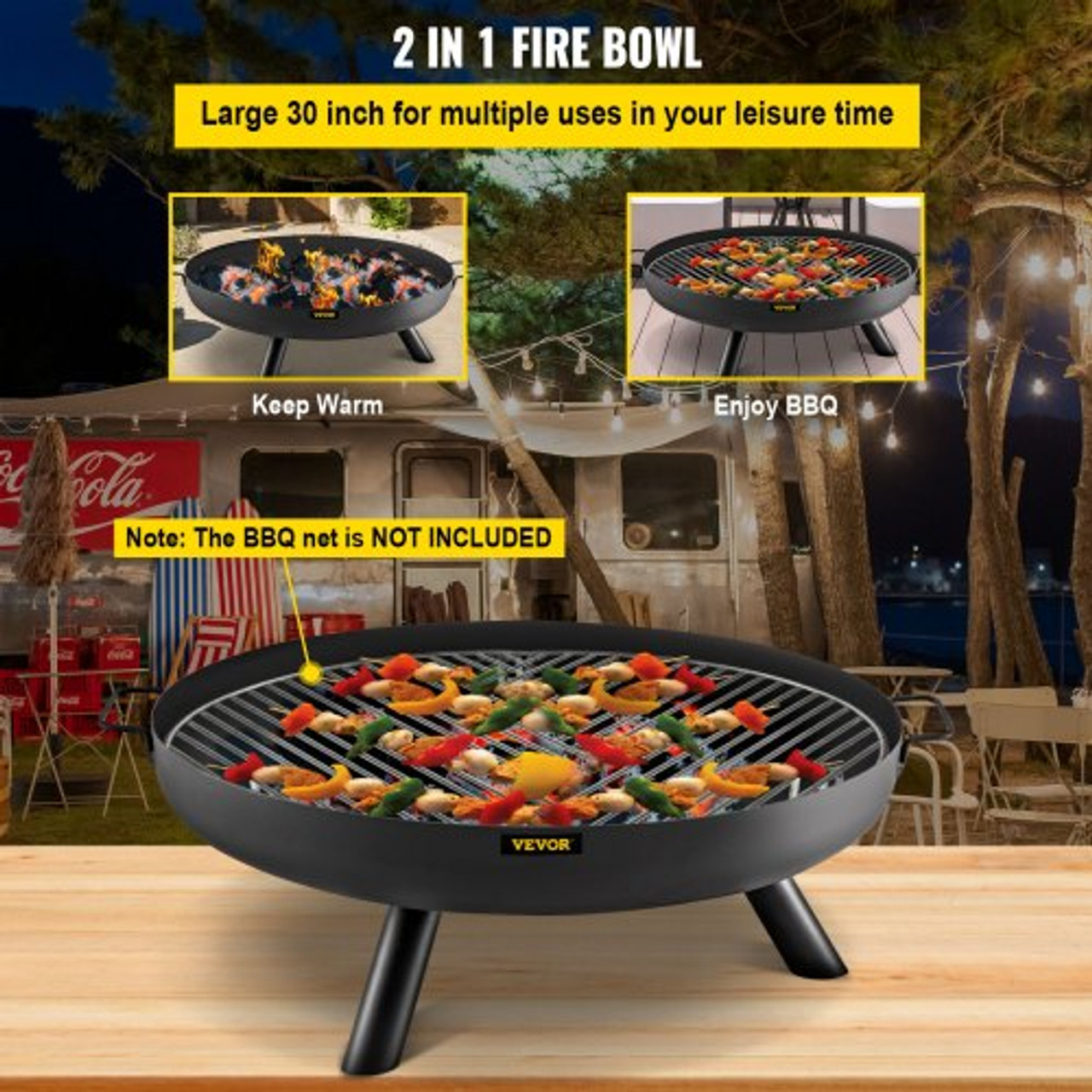 Fire Pit Bowl, 30-Inch Deep Round Carbon Steel Fire Bowl, Wood Burning for Outdoor Patios, Backyards & Camping Uses, with A Drain Hole, Portable Handles and A Firewood Stick, Black