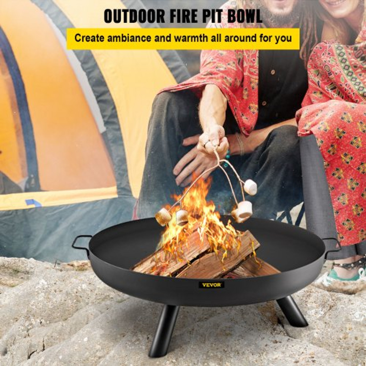 Fire Pit Bowl, 30-Inch Deep Round Carbon Steel Fire Bowl, Wood Burning for Outdoor Patios, Backyards & Camping Uses, with A Drain Hole, Portable Handles and A Firewood Stick, Black