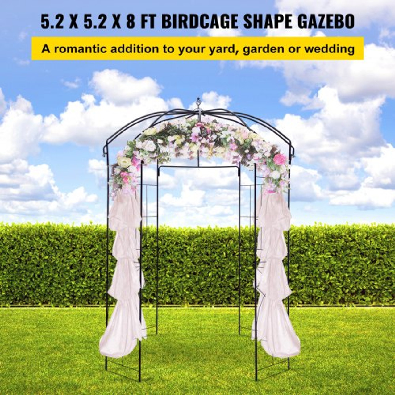 Birdcage Shape Garden Arbor,8' High x 5.2' Wide, Heavy Duty Wrought Iron Arbor, Wedding Arch Trellis for Climbing Vines in Outdoor Garden, Lawn, Backyard, Patio, Black