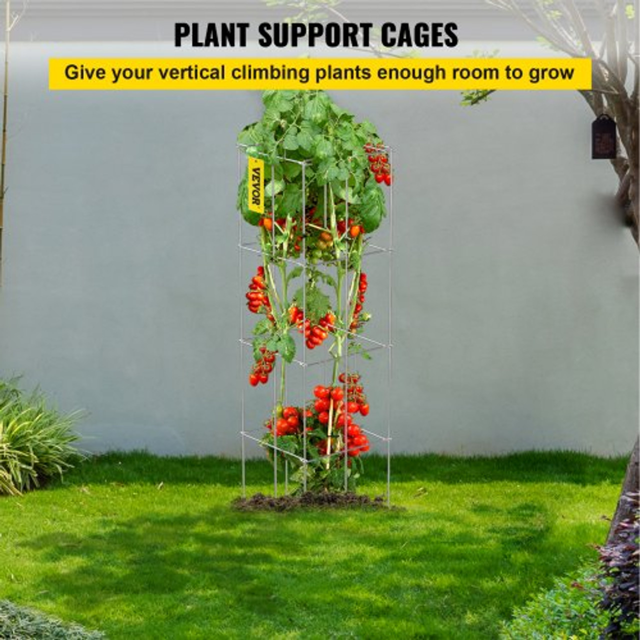 Tomato Cages, 11.8" x 11.8" x 46.1", 5 Packs Square Plant Support Cages, Silver PVC-Coated Steel Tomato Towers for Climbing Vegetables, Plants, Flowers, Fruits