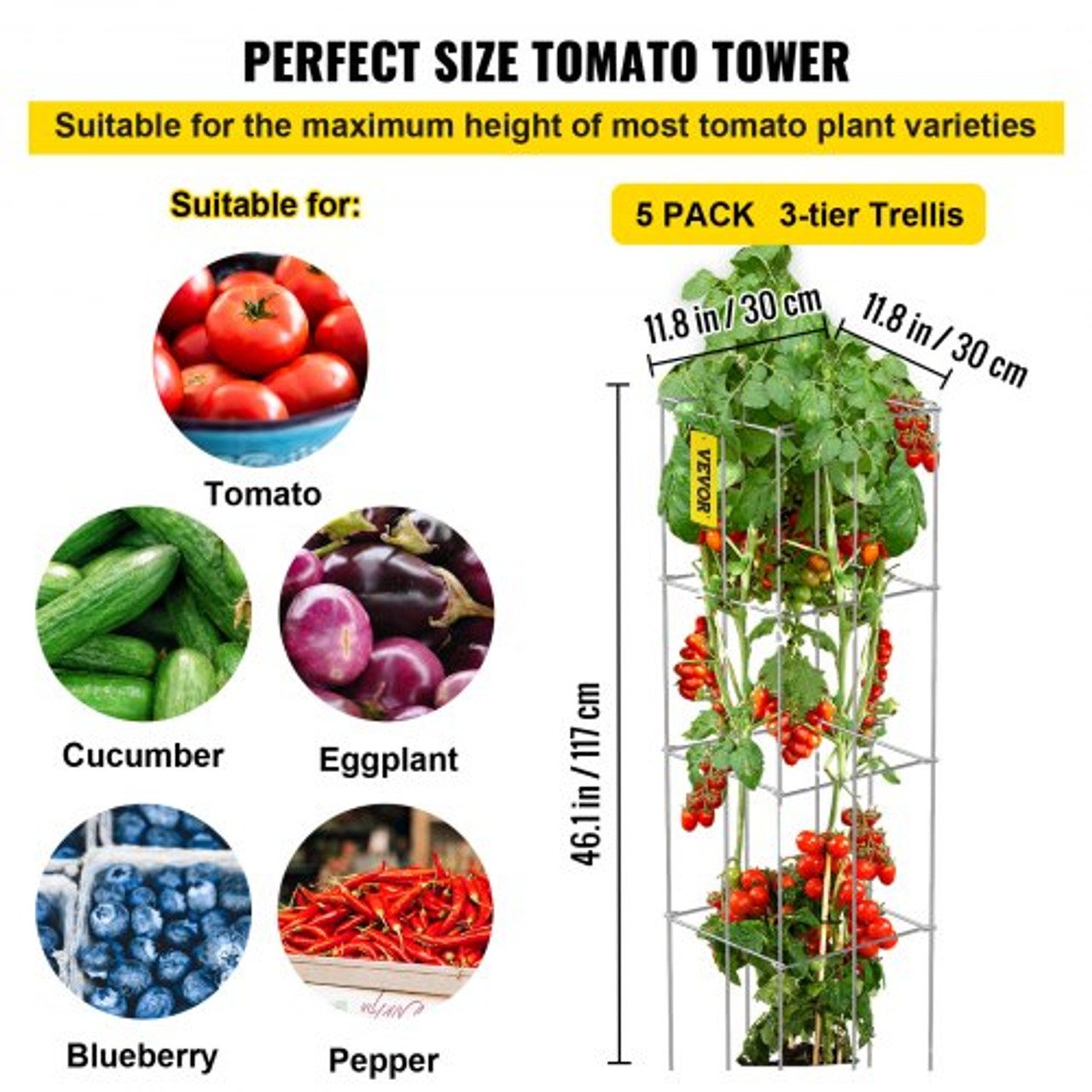 Tomato Cages, 11.8" x 11.8" x 46.1", 5 Packs Square Plant Support Cages, Silver PVC-Coated Steel Tomato Towers for Climbing Vegetables, Plants, Flowers, Fruits