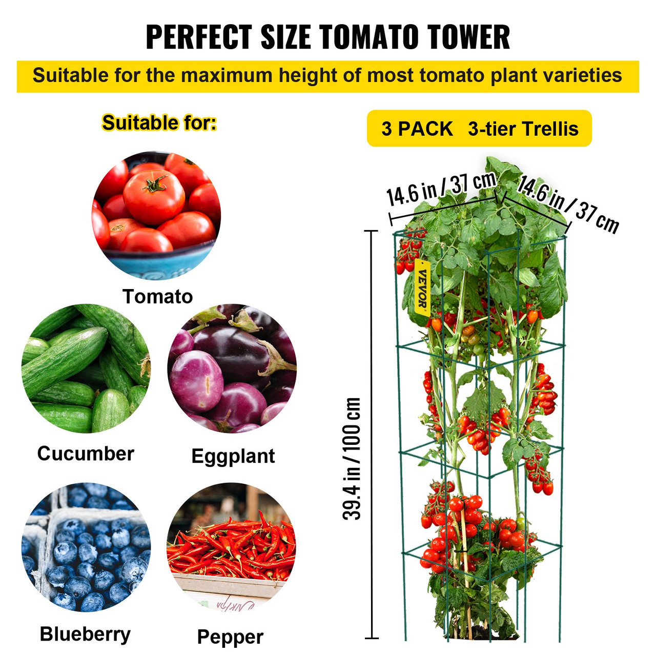 Tomato Cages, 14.6" x 14.6" x 39.4", 3 Packs Tomato Cages for Garden, Square Plant Support Cages Heavy Duty, Green PVC-Coated Steel Tomato Towers for Climbing Vegetables, Plants, Flowers, Fruits