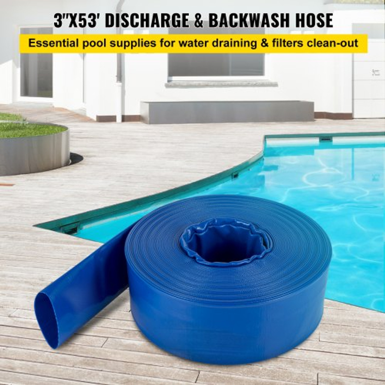 Discharge Hose, 3" x 53', PVC Lay Flat Hose, Heavy Duty Backwash Drain Hose with Clamps, Weather-proof & Burst-proof, Ideal for Swimming Pool & Water Transfer, Blue