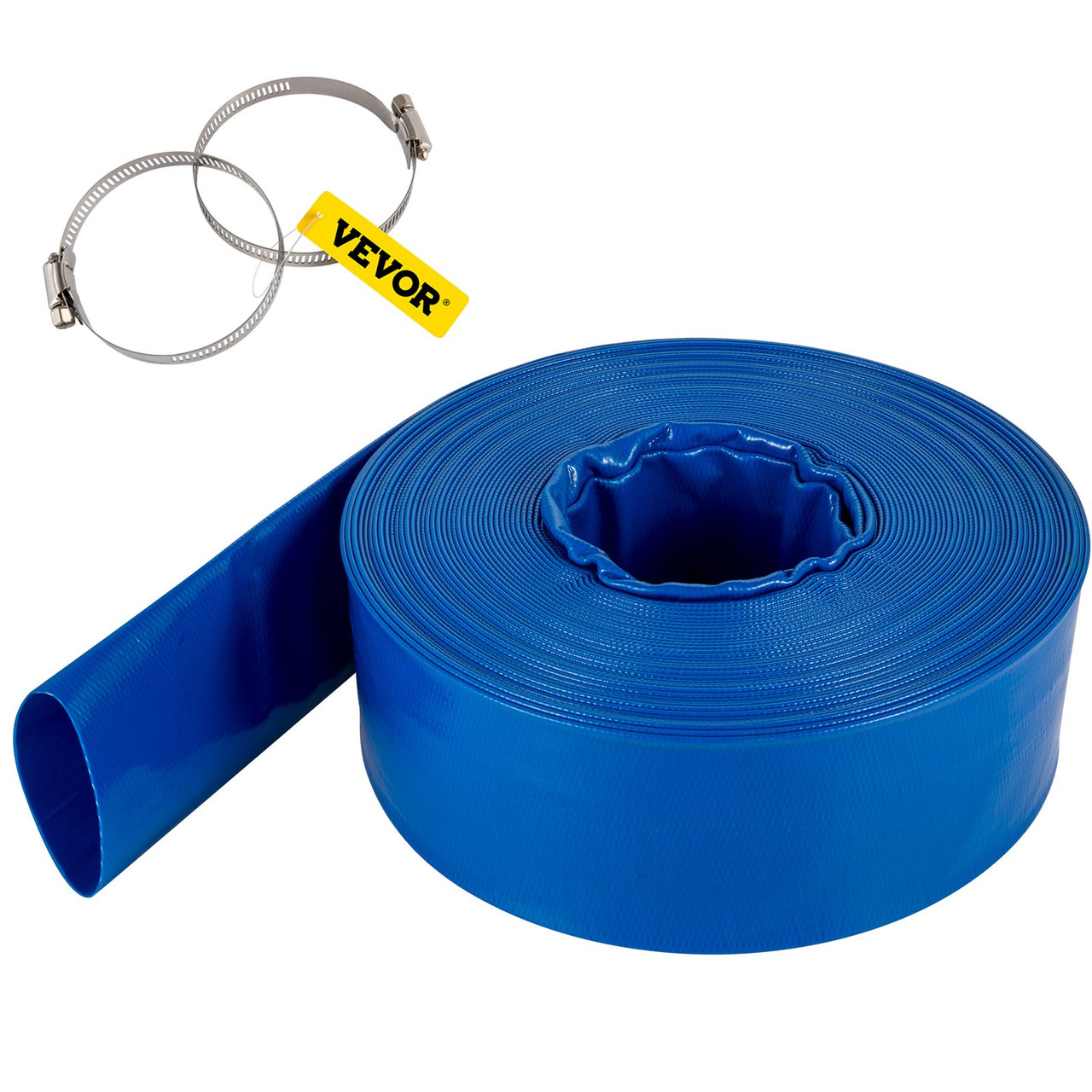 Discharge Hose, 1-1/2" x 105', PVC Fabric Lay Flat Hose, Heavy Duty Backwash Drain Hose with Clamps, Weather-proof & Burst-proof, Ideal for Swimming Pool & Water Transfer, Blue