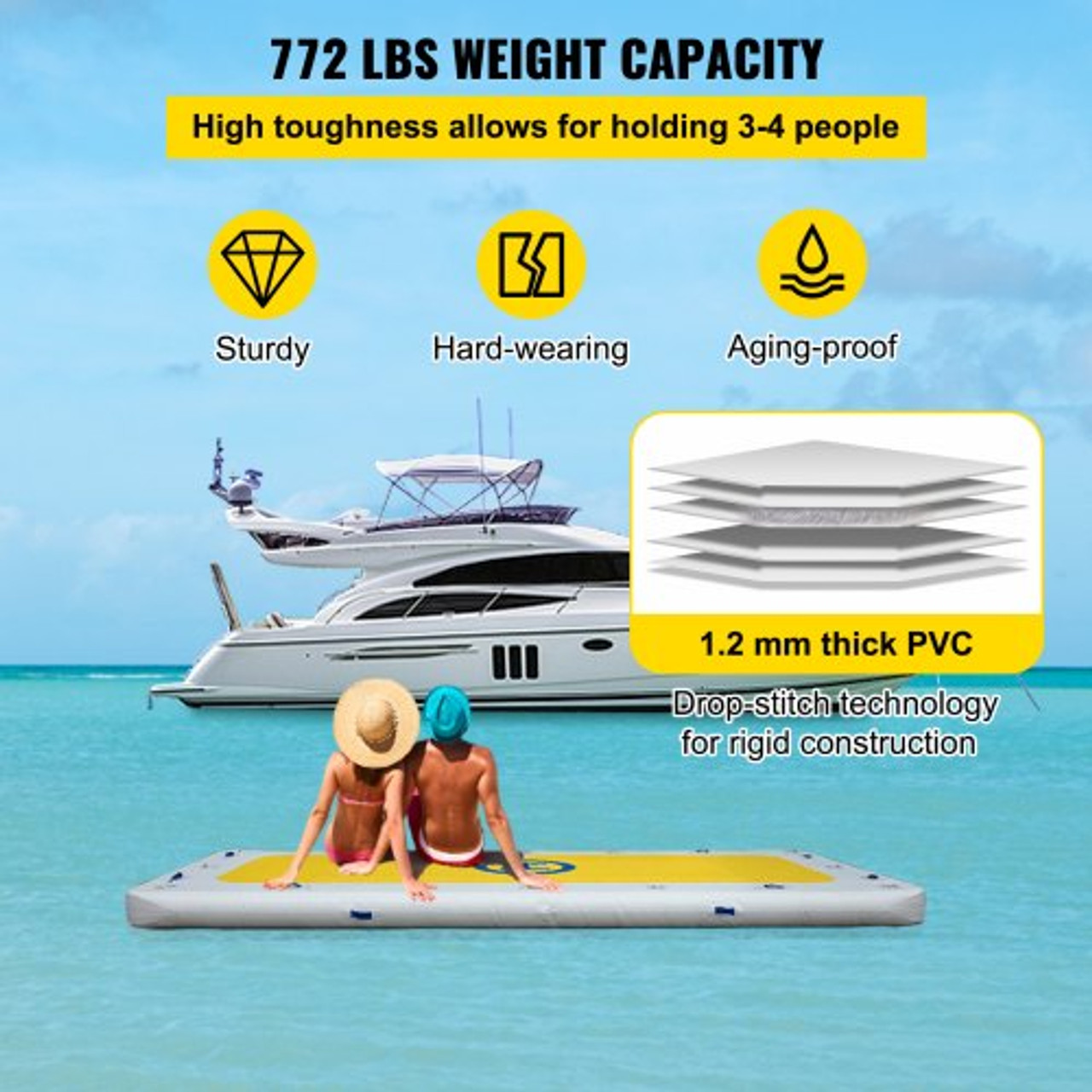 Inflatable Dock Floating Platform, 8 x 6 ft, 3-4 Person Capacity, 6 inches Thick, Swim Dock with Hand Pump, Electric Air Pump & Storage Bag, Drop Stitch PVC Non-Slip Raft for Pool Beach Ocean