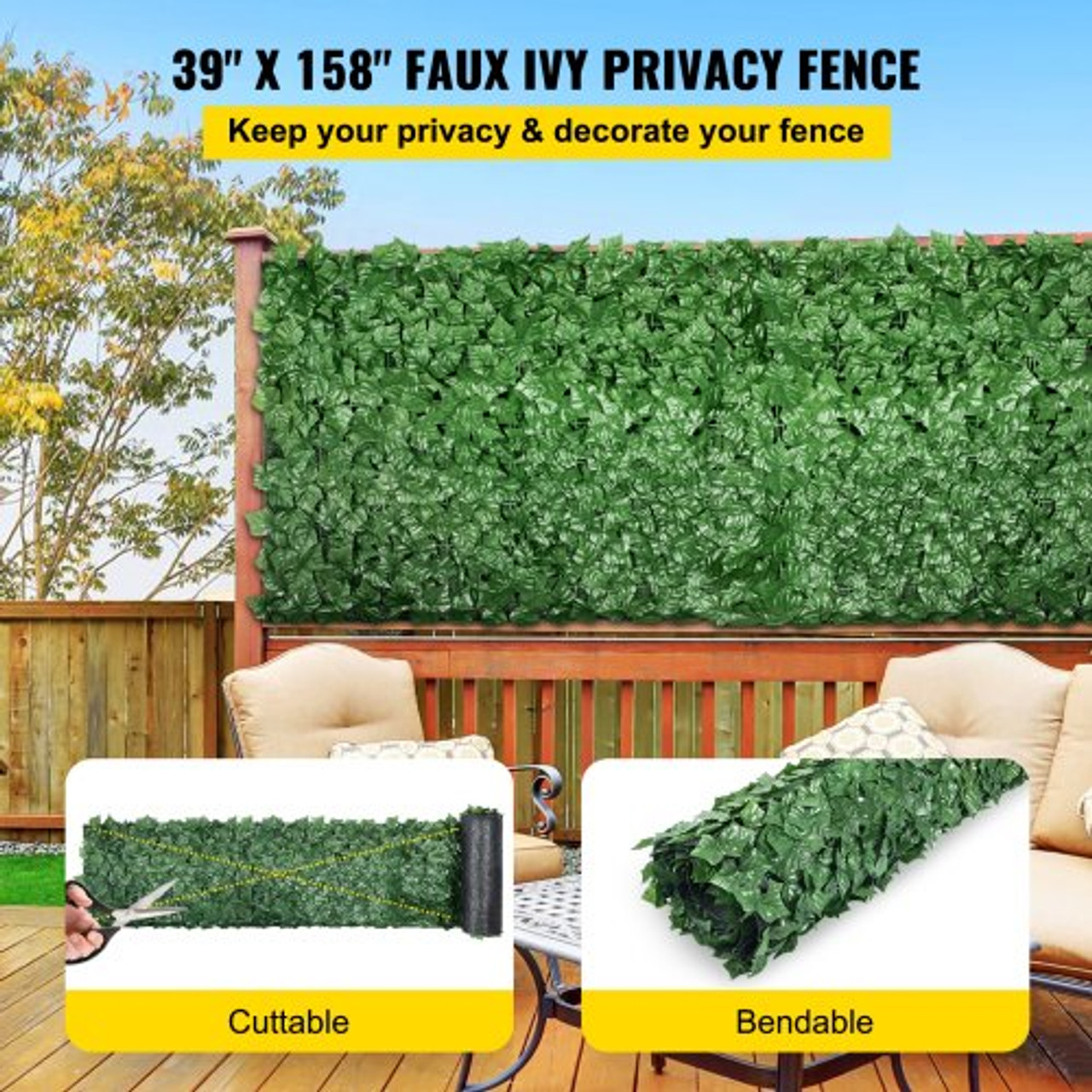Artificial Ivy Privacy Fence Screen, 39"x158" Ivy Fence, PP Faux Ivy Leaf Artificial Hedges Fence, Faux Greenery Outdoor Privacy Panel Decoration for Garden, Decor, Balcony, Patio, Indoor