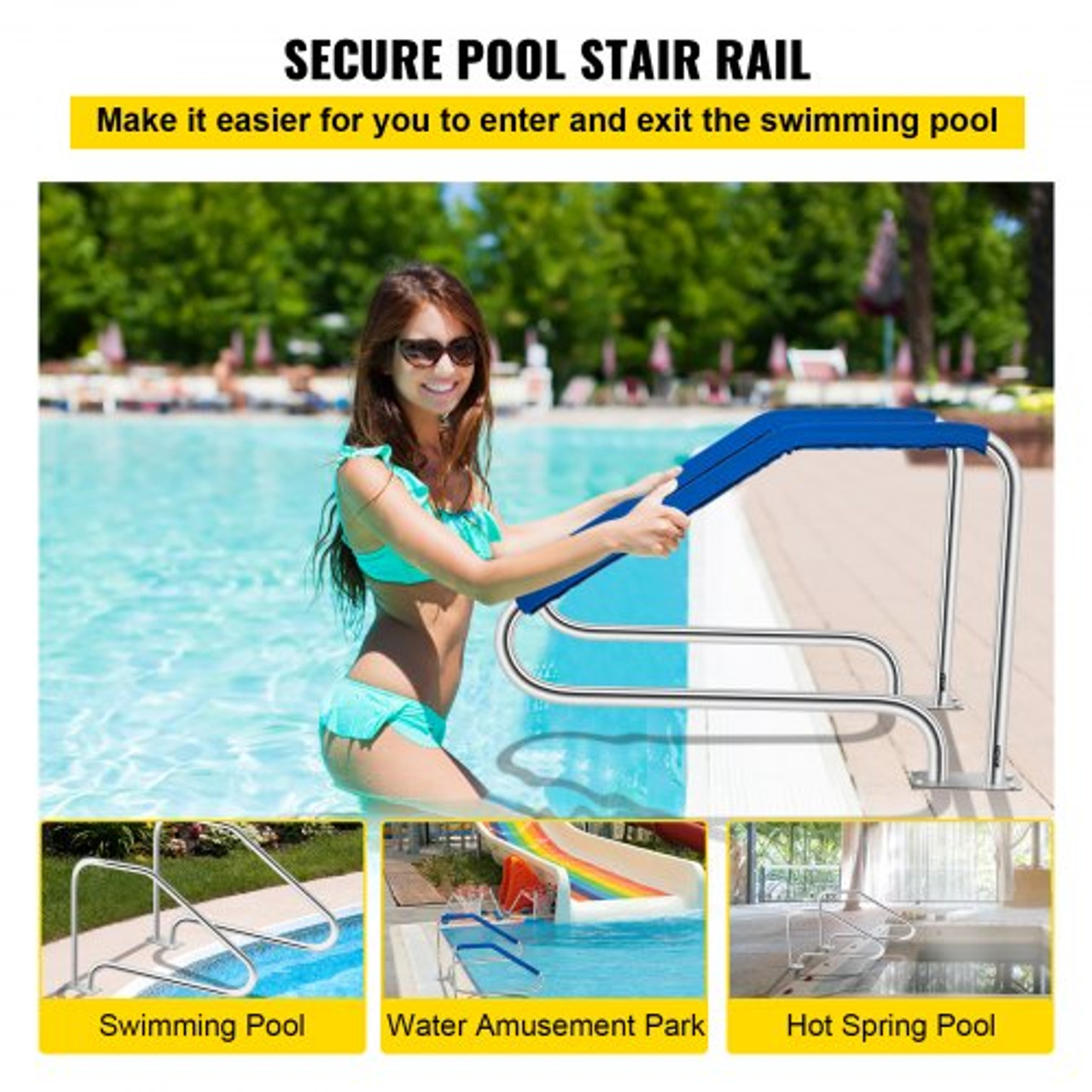 Pool Handrail, 49.4" x 34" Swimming Pool Stair Rail, 304 Stainless Steel Stair Pool Hand Rail Rated 375lbs Load Capacity, Pool Rail with Quick Mount Base Plate, and Complete Mounting Accessories