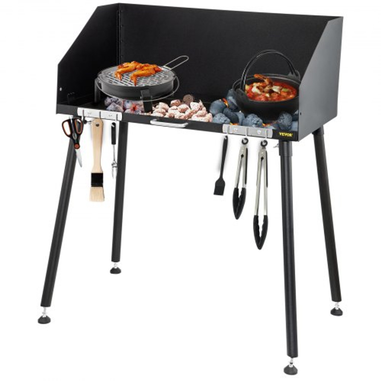 Carbon Steel Camp Cooking Table 30 x 16 Inch with Three-Sided Windscreen and Legs for Outdoor Food Preparation and Dutch Oven