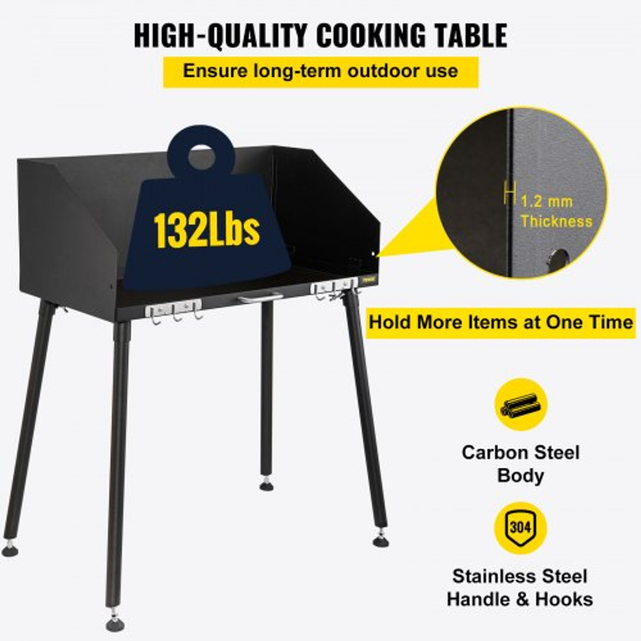Carbon Steel Camp Cooking Table 30 x 16 Inch with Three-Sided Windscreen and Legs for Outdoor Food Preparation and Dutch Oven
