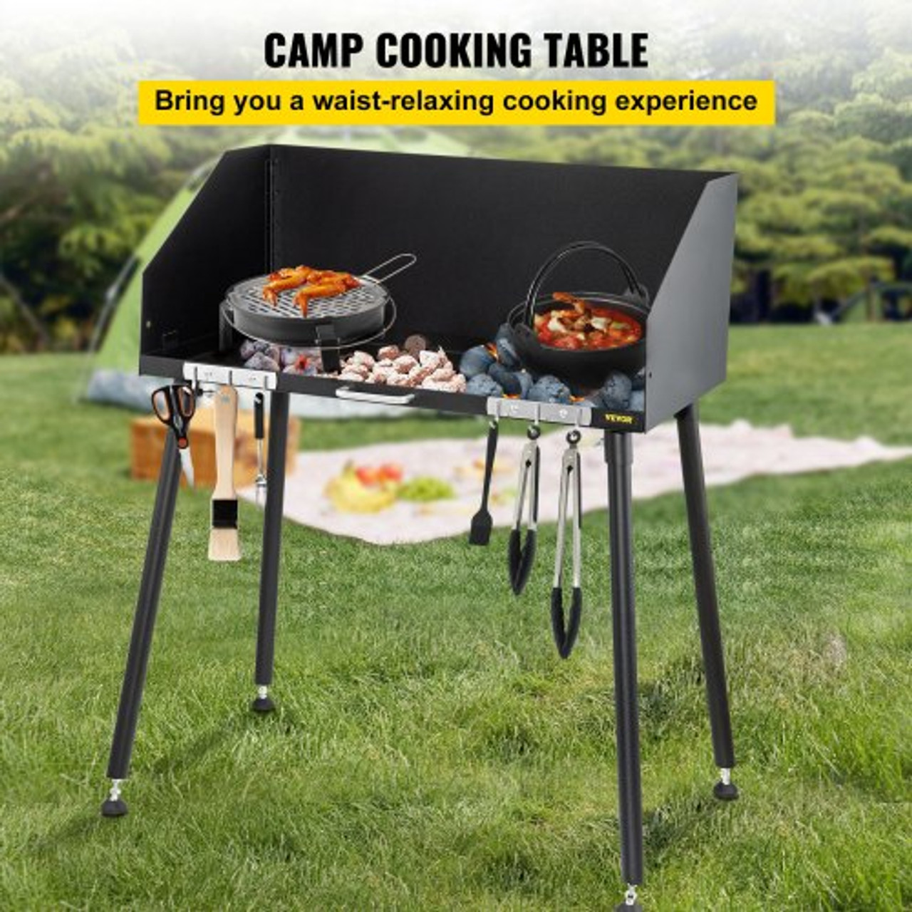 Carbon Steel Camp Cooking Table 30 x 16 Inch with Three-Sided Windscreen and Legs for Outdoor Food Preparation and Dutch Oven