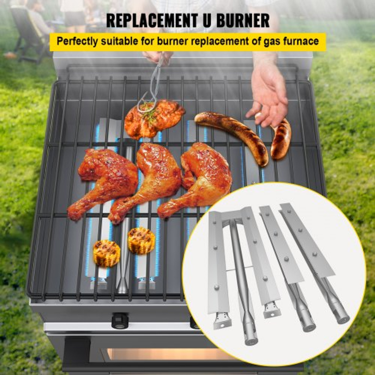 BBQ Burners Replacement, Stainless Steel Burner Grill Part Kit, 3 Packs BBQ Burners Replacement, Grill Burner Replacement w/ Air Flap Barbecue Replacement Parts w/ Evenly Burning for Gas Grills