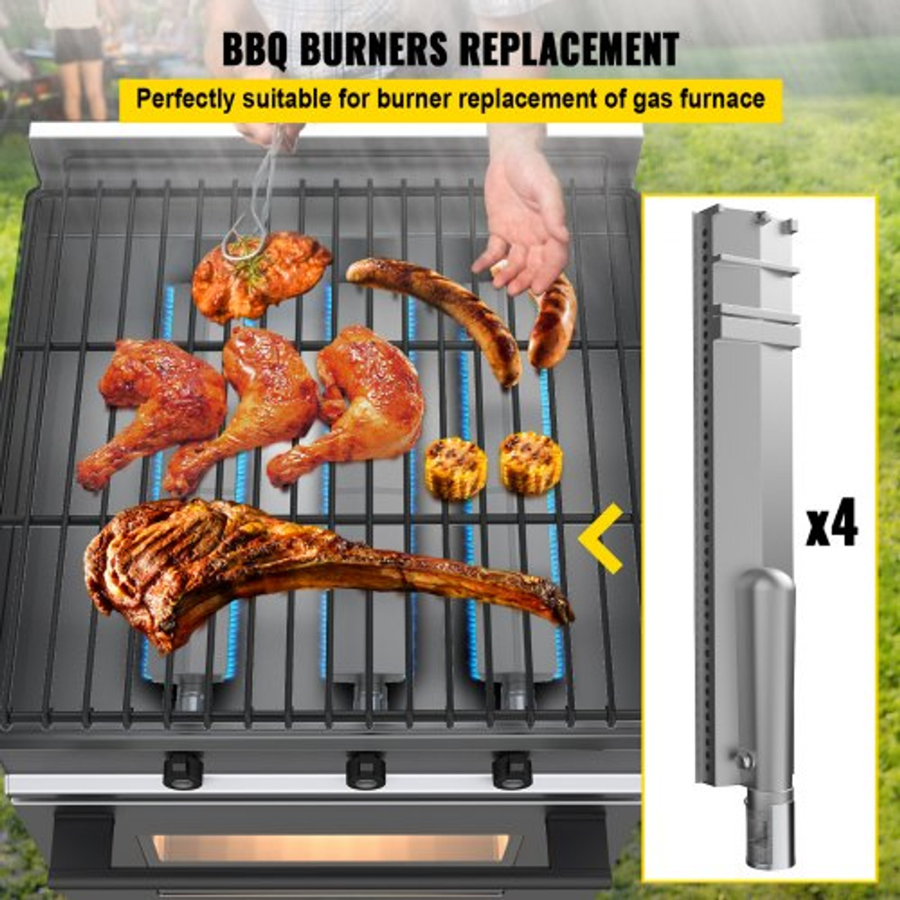 Grill Burners, Stainless Steel BBQ Burners Replacement, 4 Packs Grill Burner Replacement, Flame Grill with 16.1" Length Barbecue Replacement Parts with Evenly Burning for Premium Gas Grills