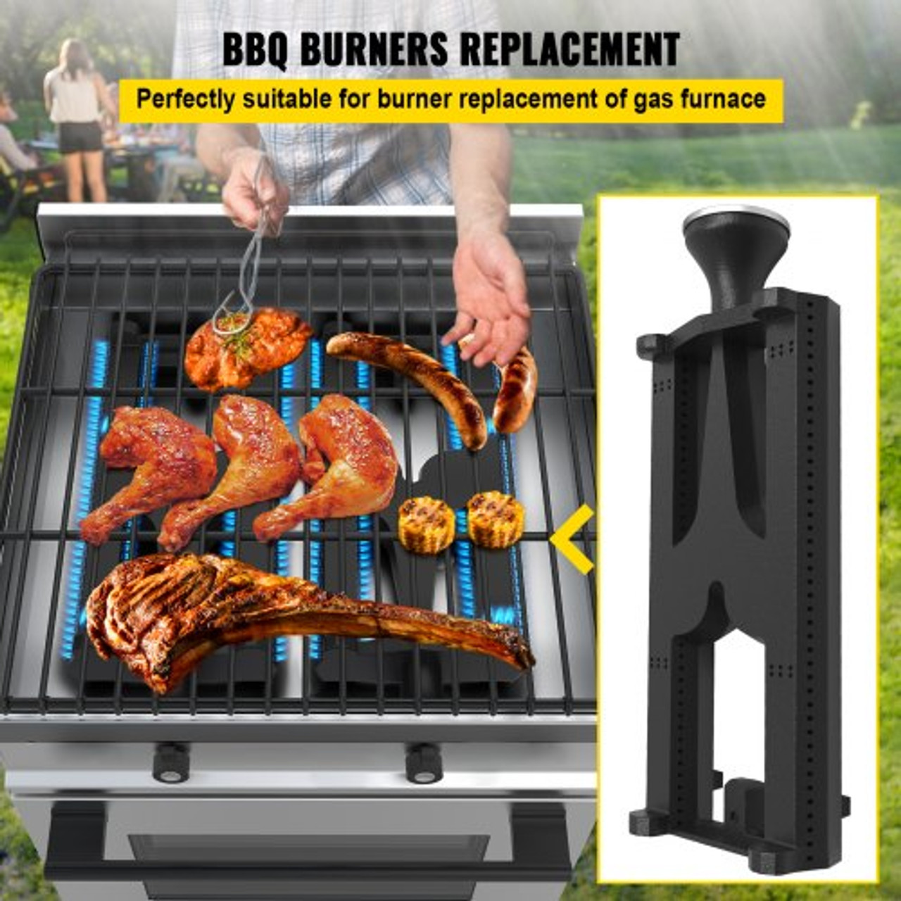 Grill Burners, Cast Iron BBQ Burners Replacement, 2 Packs Grill Burner Replacement, Flame Grill with 16.1" Length Barbecue Replacement Parts with Evenly Burning for for Premium Gas Grills