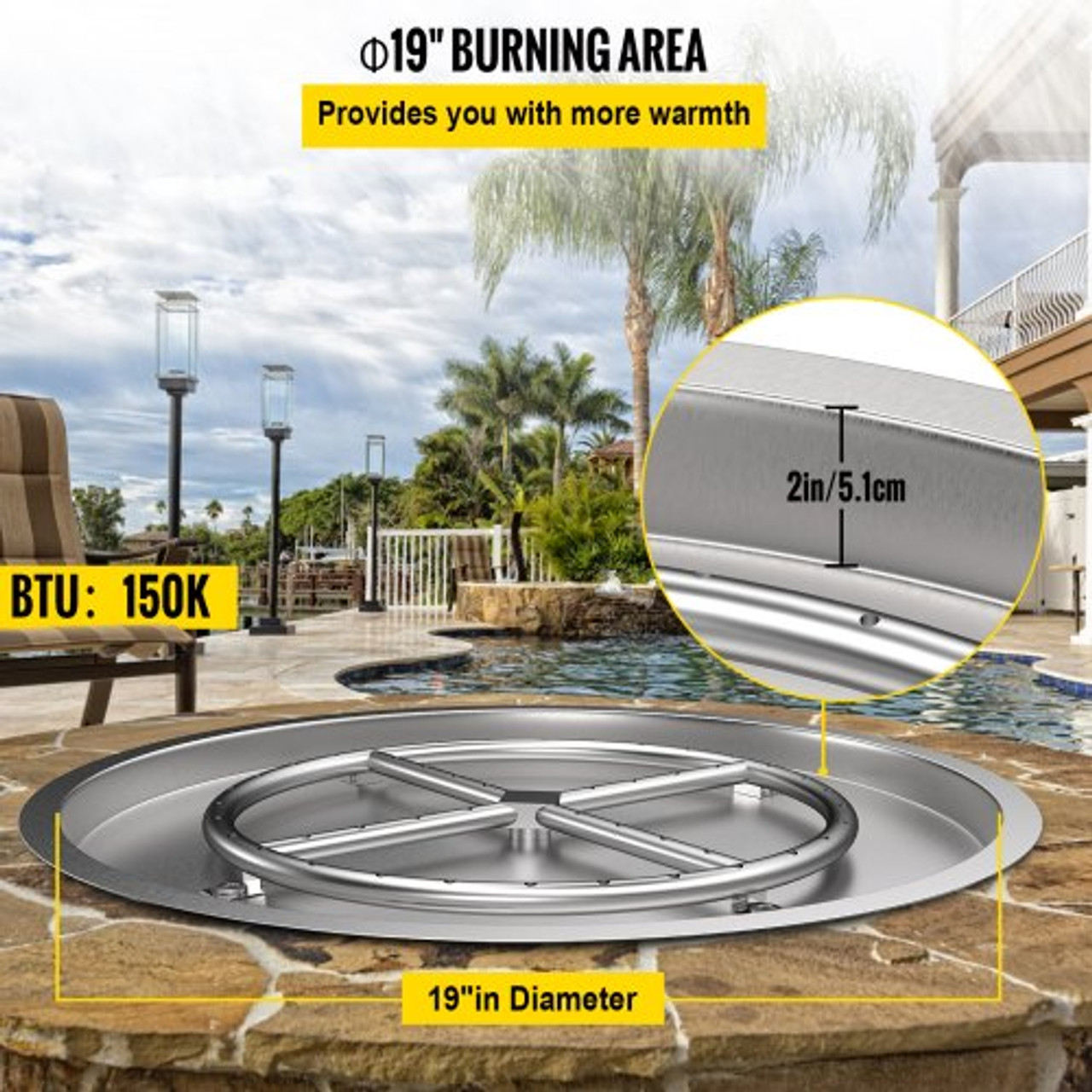 Drop in Fire Pit Pan, 19" x 19" Round Fire Pit Burner, Stainless Steel Gas Fire Pan, Fire Pit Burner Pan w/ 1 Pack Volcanic Rock Fire Pit Insert w/ 90K BTU for Keeping Warm w/ Family & Friends