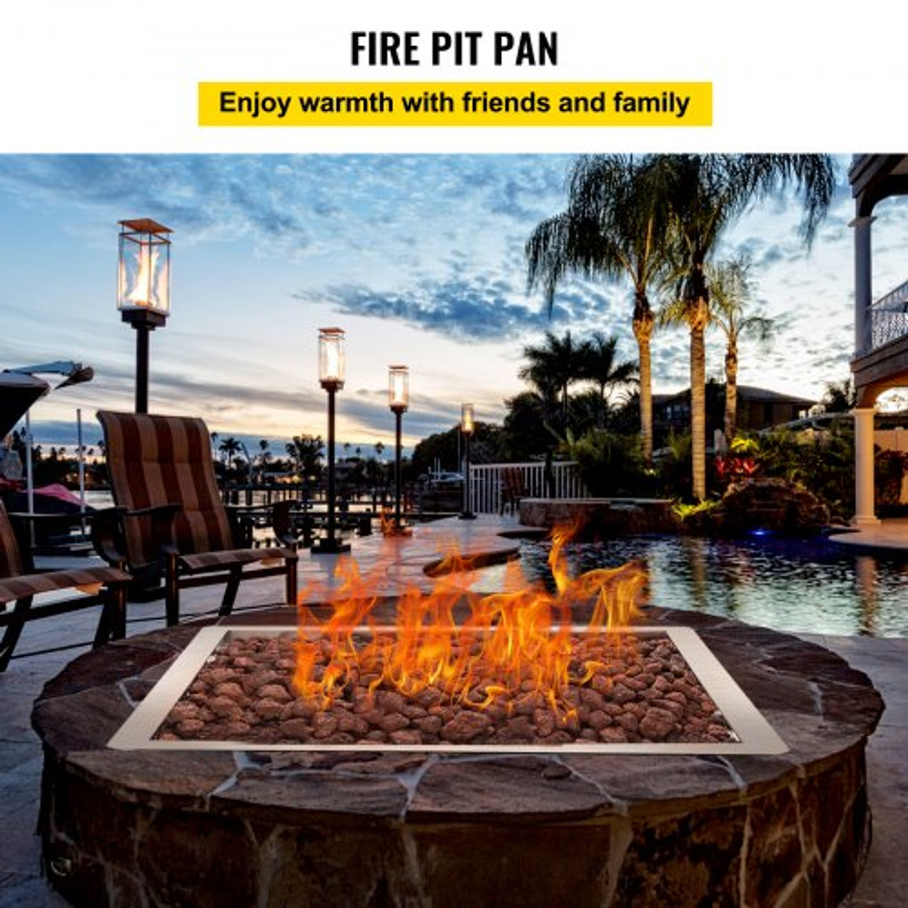 Drop in Fire Pit Pan, 18" x 18" Square Fire Pit Burner, Stainless Steel Gas Fire Pan, Fire Pit Burner Pan w/ 1 Pack Volcanic Rock Fire Pit Insert w/ 90K BTU for Keeping Warm w/ Family & Friends