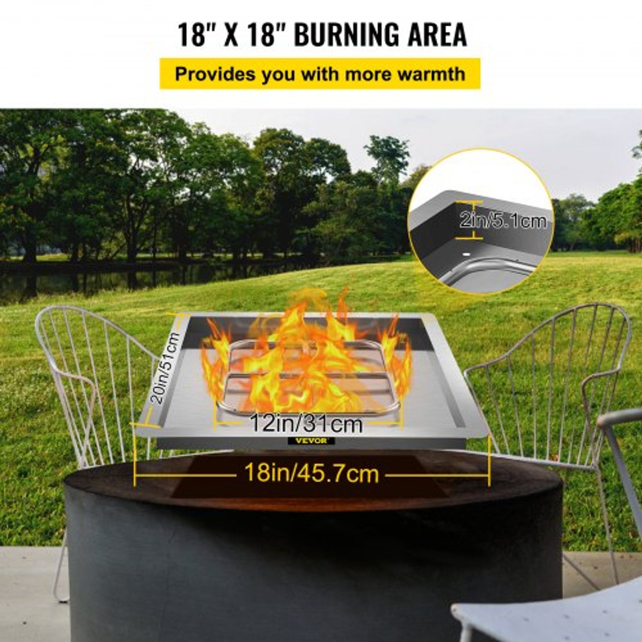 Drop in Fire Pit Pan, 18" x 18" Square Fire Pit Burner, Stainless Steel Gas Fire Pan, Fire Pit Burner Pan w/ 1 Pack Volcanic Rock Fire Pit Insert w/ 90K BTU for Keeping Warm w/ Family & Friends