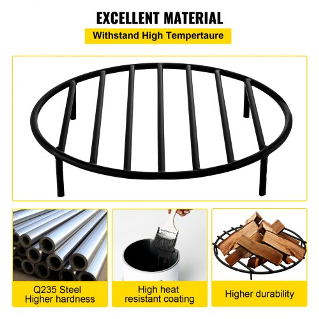 Fire Pit Grate, Heavy Duty Iron Round Firewood Grate, Round Wood Fire Pit Grate 22", Firepit Grate with Black Paint, Fire Grate with 4 Removable Round Legs for Burning Fireplace and Firepits