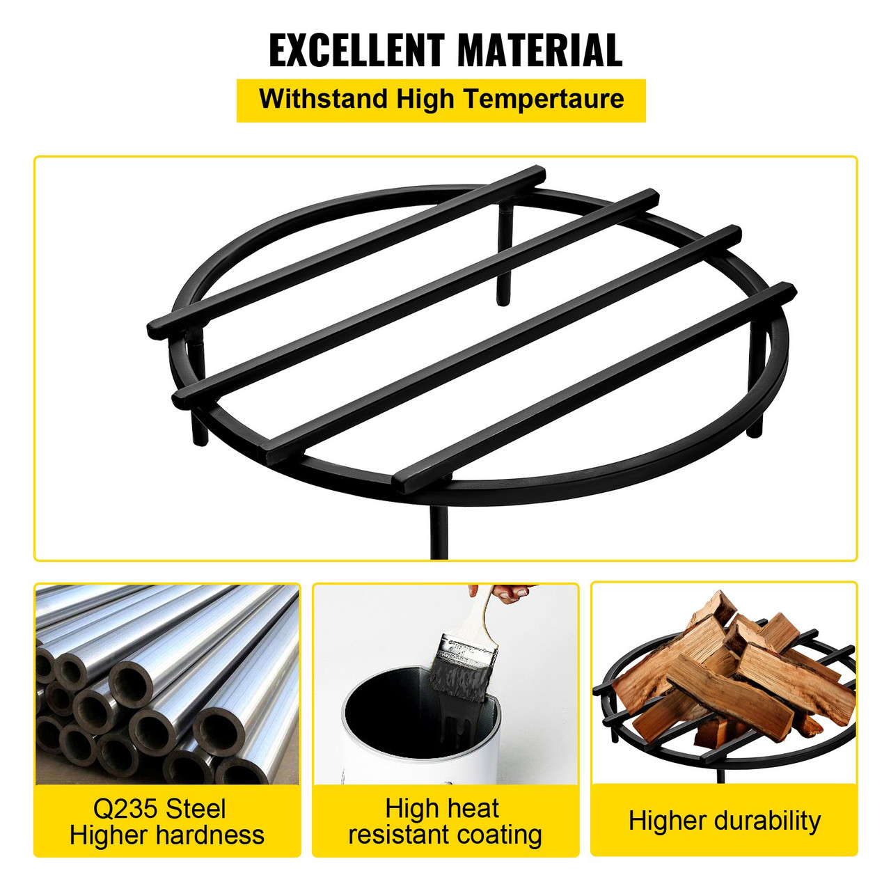 Fire Pit Grate, Heavy Duty Iron Round Firewood Grate, Round Wood Fire Pit Grate 18", Firepit Grate with Black Paint, Fire Grate with 4 Removable