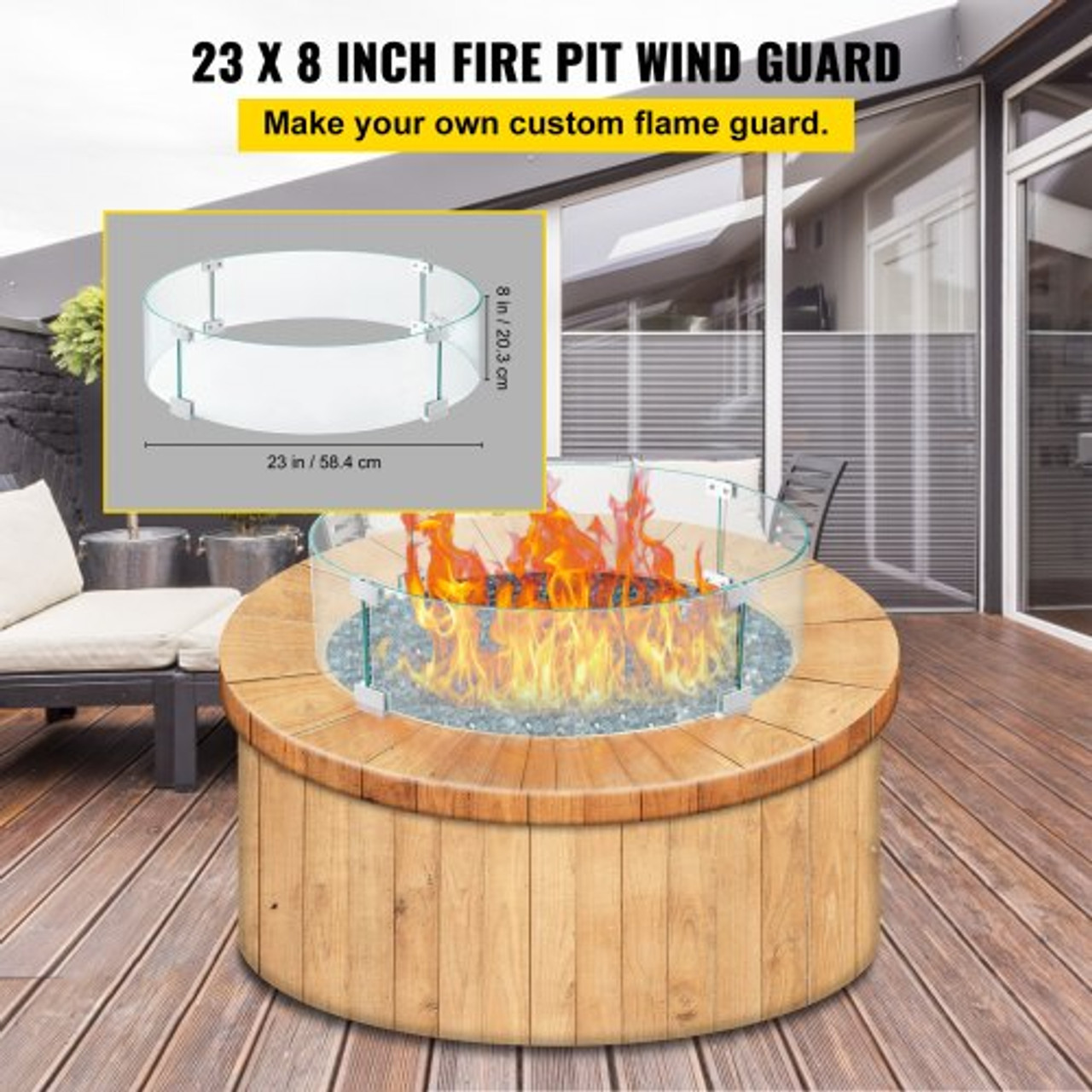 Fire Pit Wind Guard, 23 x 23 x 8 Inch Glass Flame Guard, Round Glass Shield, 1/4-Inch Thick Fire Table, Clear Tempered Glass Flame Guard, Aluminum Alloy Feet for Propane, Gas, Outdoor