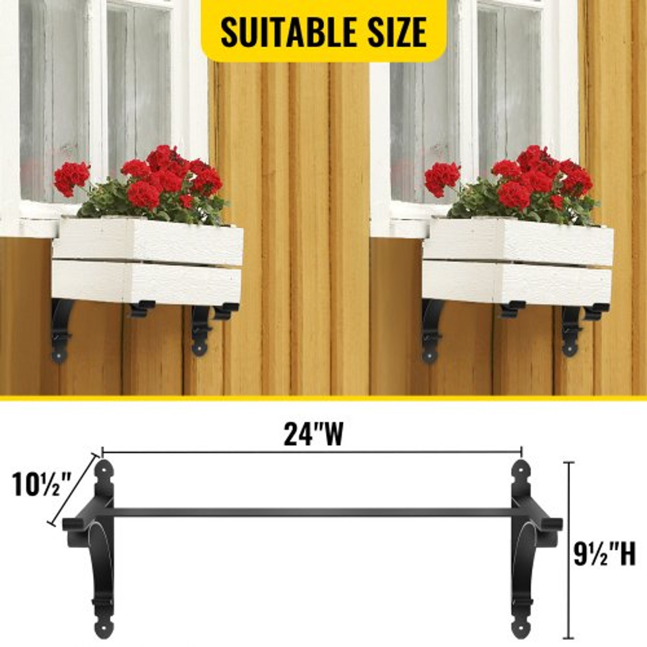 Window Box Brackets 88lbs Planter Box Brackets 24 x 10.5 x 10 in Black Planter Mounting Bracket Iron Material Black Window Box Hanger Bracket for Flower Box Durable Window Box Holder