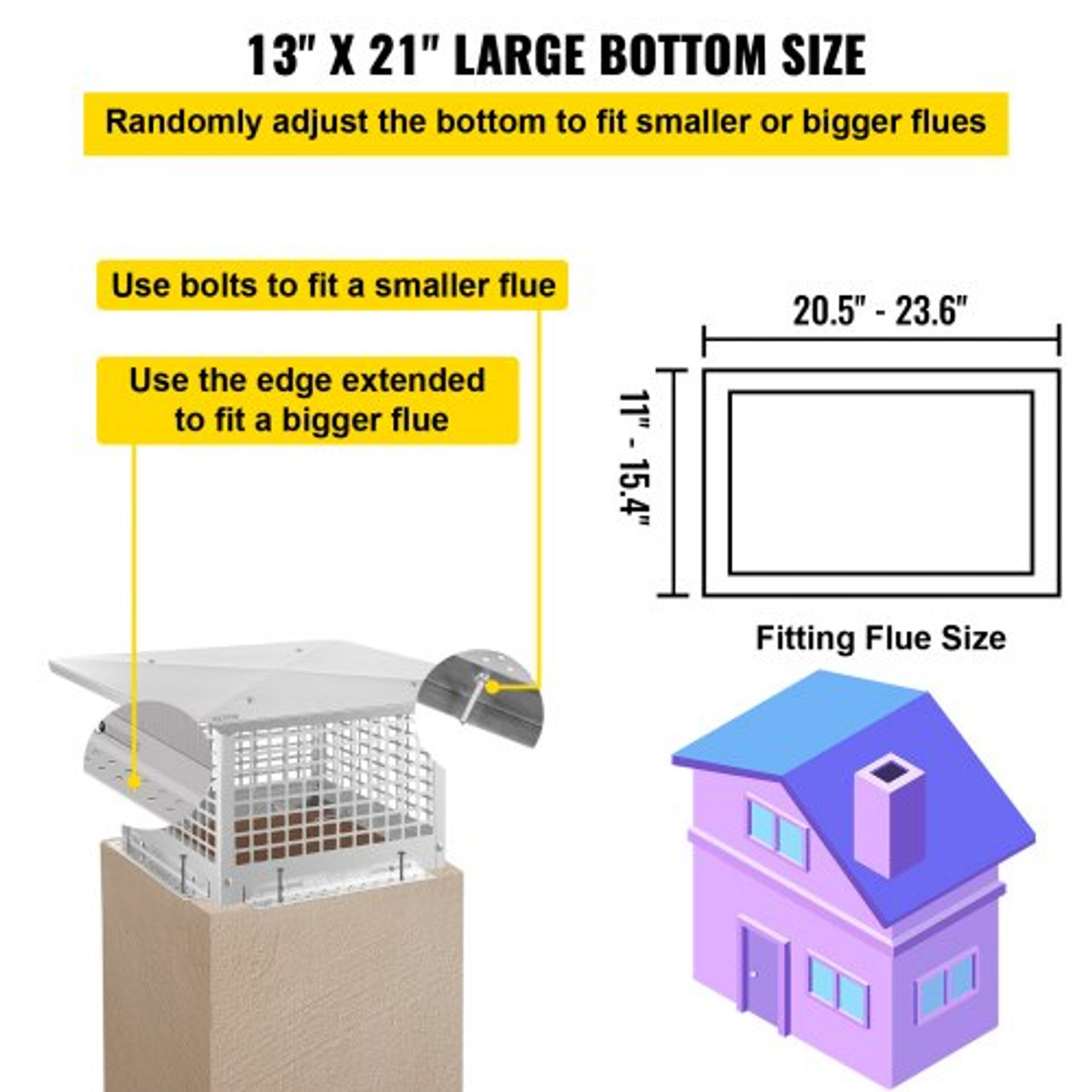 Chimney Cap, 13" x 21" Flue Caps, 304 Stainless Steel Fireplace Chimney Cover, Adjustable Metal Spark Arrestor with Bolts Screws, Mesh Chimney Flue Cover for Outside Existing Clay Flue Tile