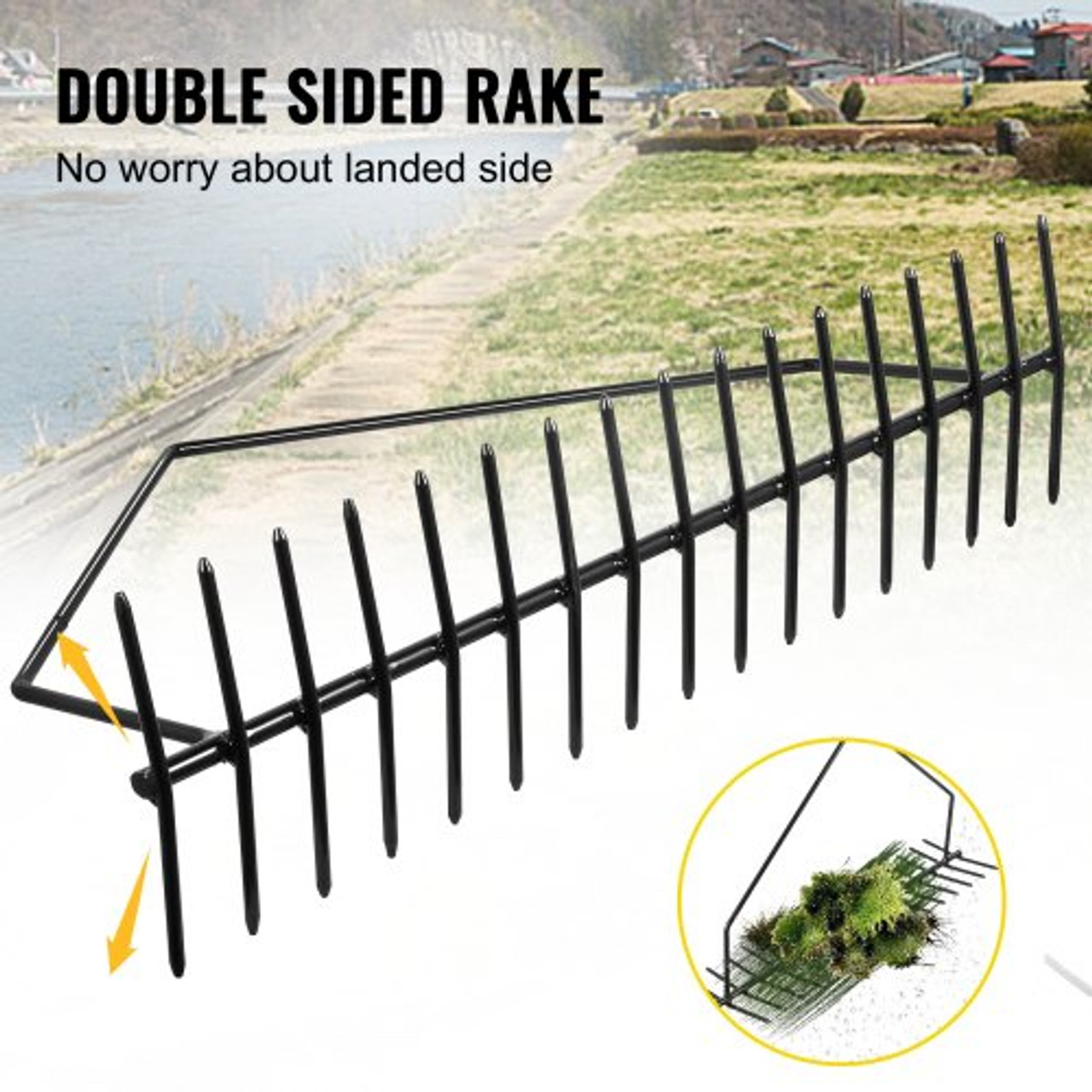 Pond Rake, 32 inch Aquatic Weed Rake, Double Sided Lake Weed Cutter, Clean Aquatic Weeds Muck Silt Lake Rakes, Weed Rakes Tool for Lake Pond Beach Landscaping, Lake Weed Rake with 66ft Rope