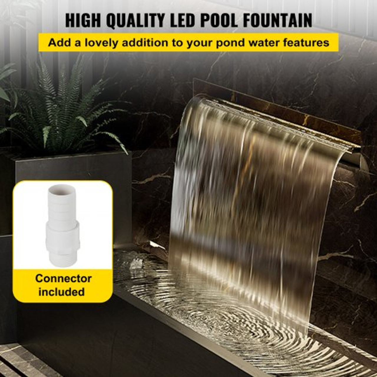 Pool Fountain Stainless Steel Pool Waterfall 11.8" x 4.5" x 3.1"(W x D x H) with LED Strip Light Waterfall Spillway with Pipe Connector Rectangular Garden Outdoor