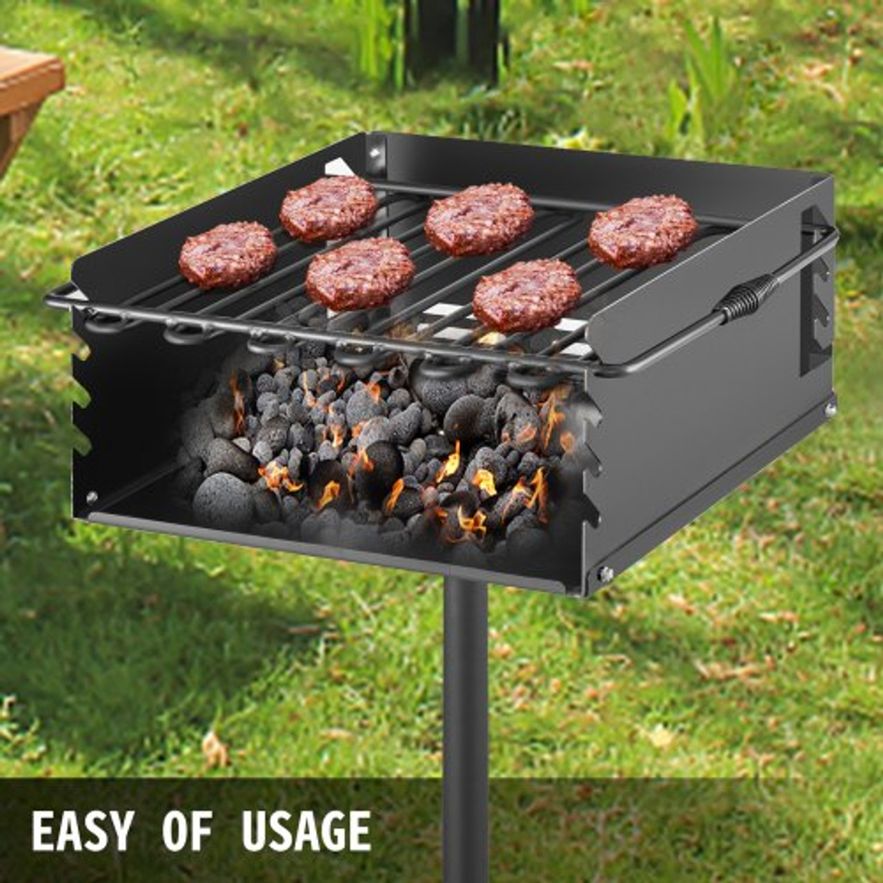 Park Style Charcoal Grill 21x21x8 Inch with Grate, Single Post Carbon Steel BBQ Wood Grill 50 Inch Height Pole, Heavy Duty Outdoor Park Grill for BBQ, Camping or Backyard