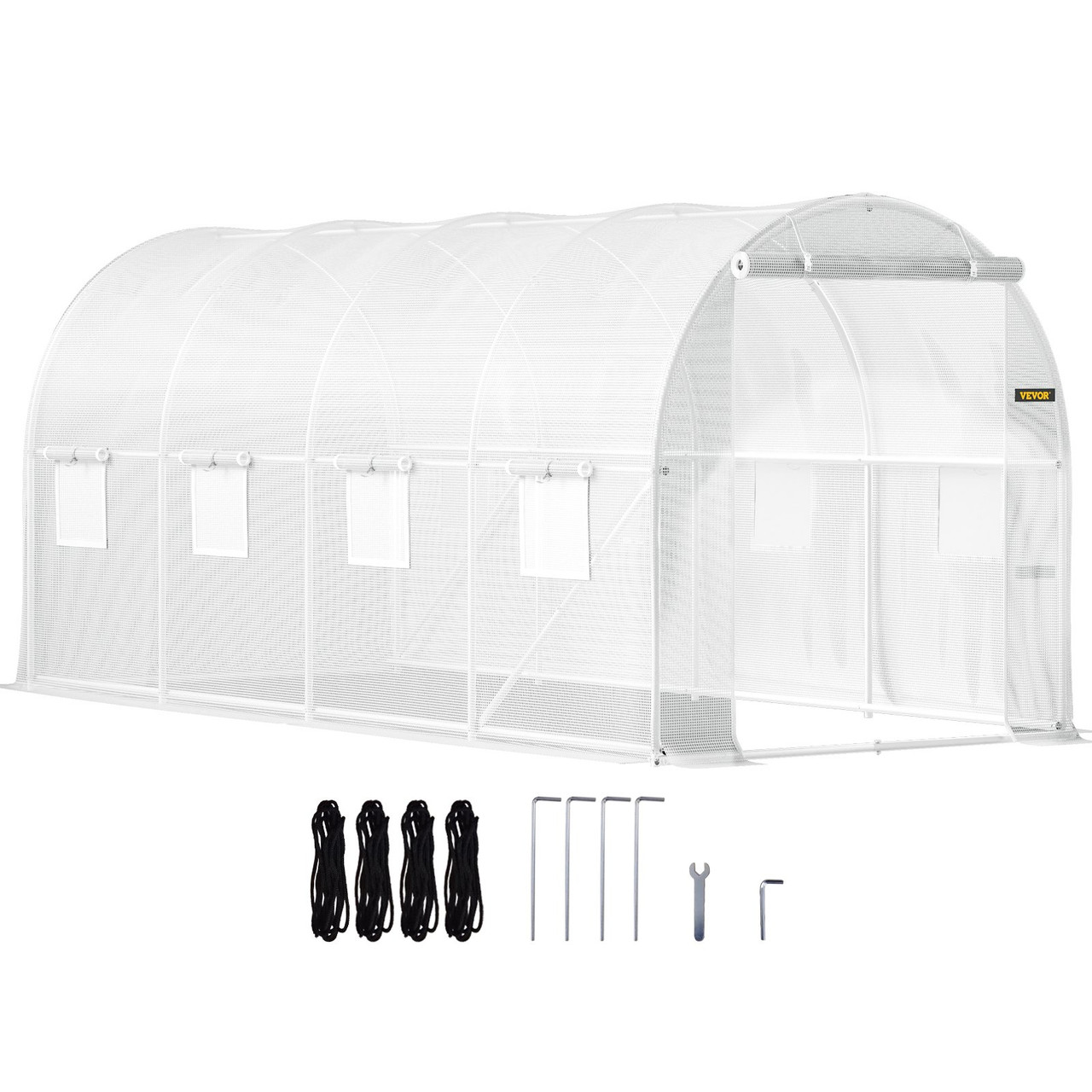 Walk-in Tunnel Greenhouse, 15 x 7 x 7 ft Portable Plant Hot House w/ Galvanized Steel Hoops, 1 Top Beam, Diagonal Poles, Zippered Door & 8 Roll-up Windows, White