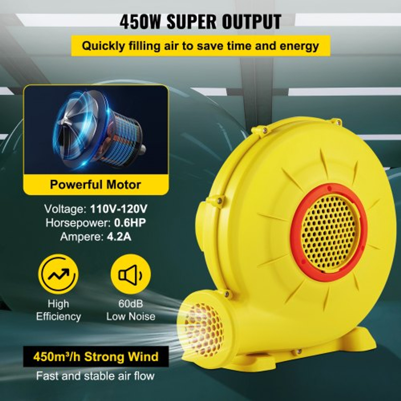 Air Blower, 450W 0.6HP Inflatable Blower, Portable and Powerful Bounce House Blower, 1750Pa Commercial Air Blower Pump Fan, Used for Inflatable Bouncy Castle and Jump Slides, Yellow
